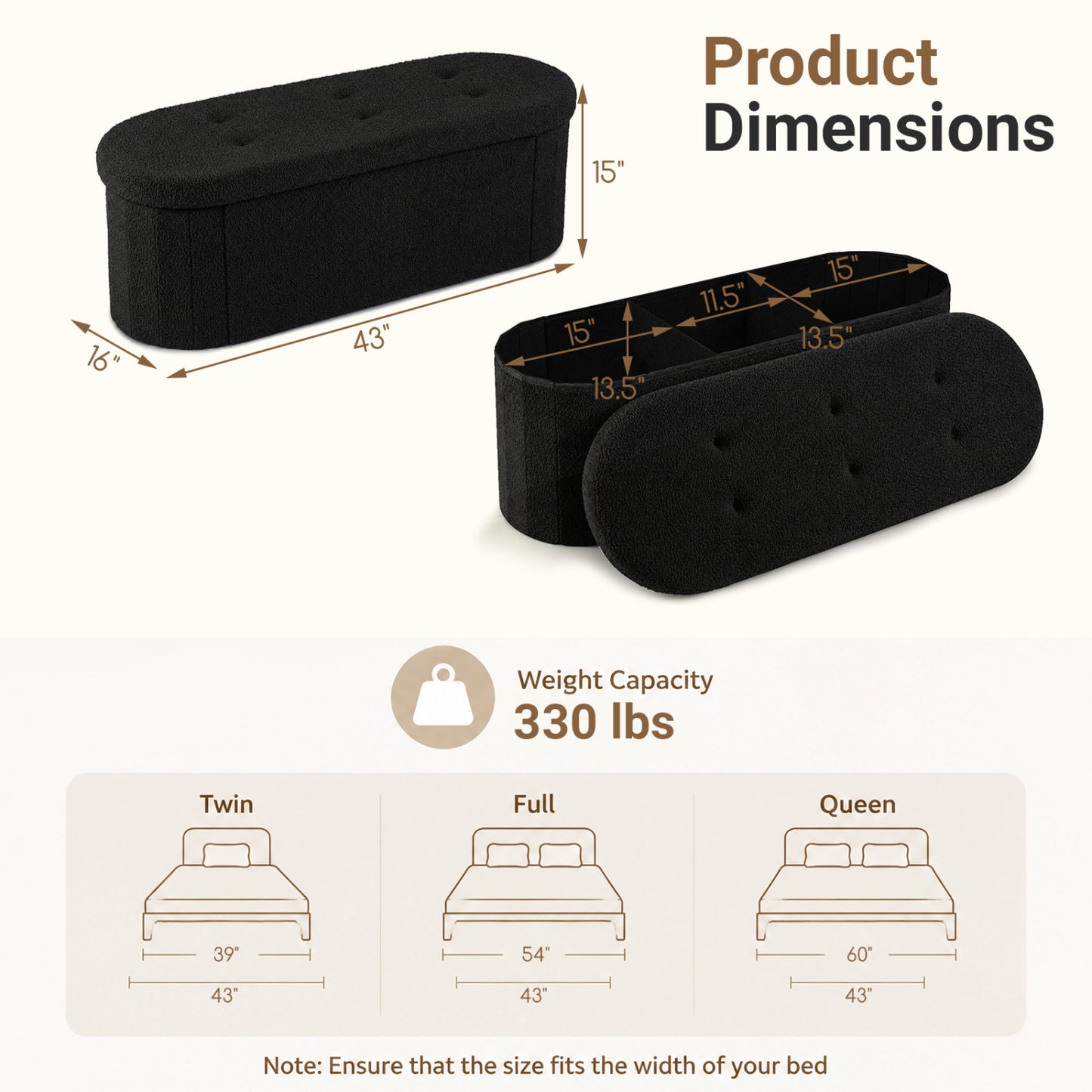 Pouf coffre de rangement Teddy pliable avec séparateurs, 43", noir