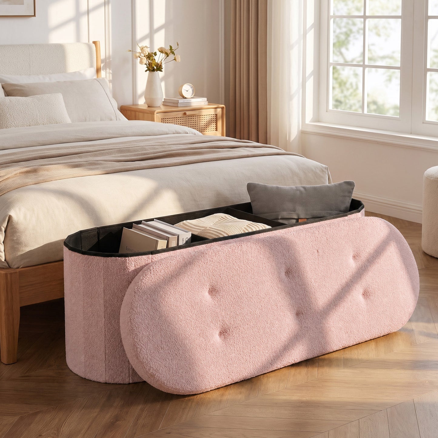 Folding Teddy Storage Bench with Dividers, 43", Pink