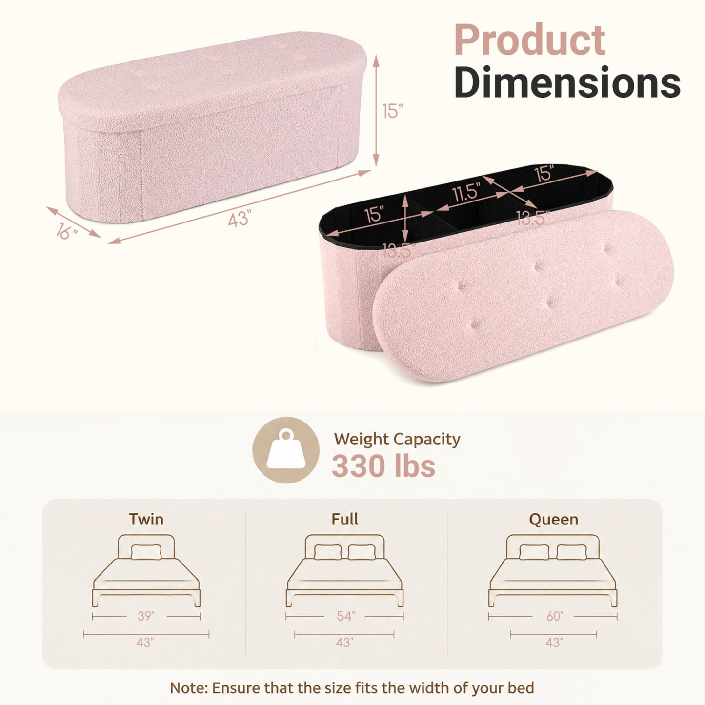 Folding Teddy Storage Bench with Dividers, 43", Pink