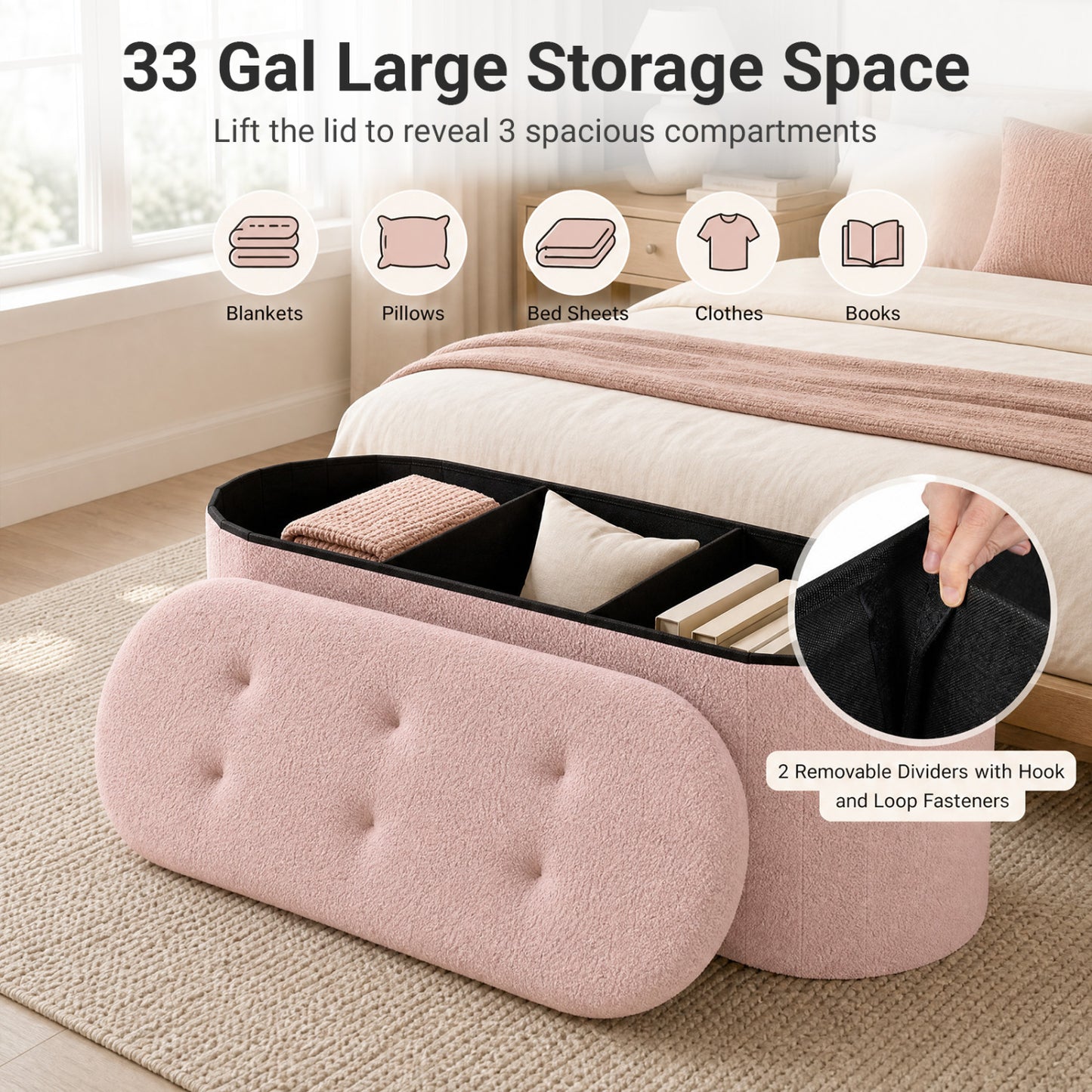 Folding Teddy Storage Bench with Dividers, 43", Pink