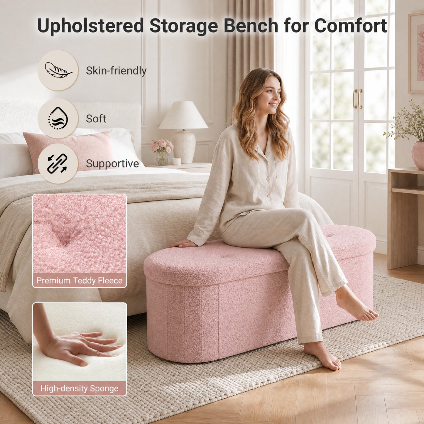 Folding Teddy Storage Bench with Dividers, 43", Pink