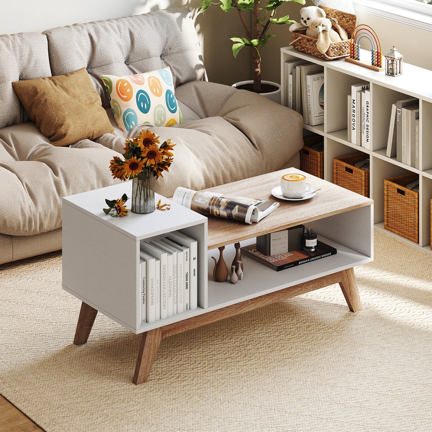 43 Inch Coffee Table, Stepped Tabletop, Storage Compartments, White Coffee Tables at Gallery Canada