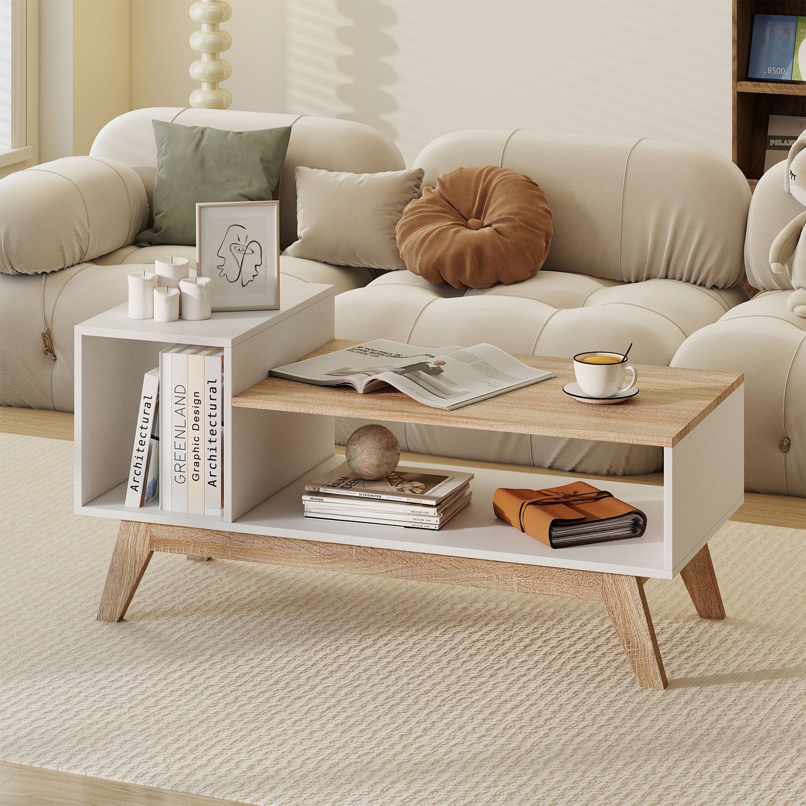 43 Inch Coffee Table, Stepped Tabletop, Storage Compartments, White Coffee Tables at Gallery Canada