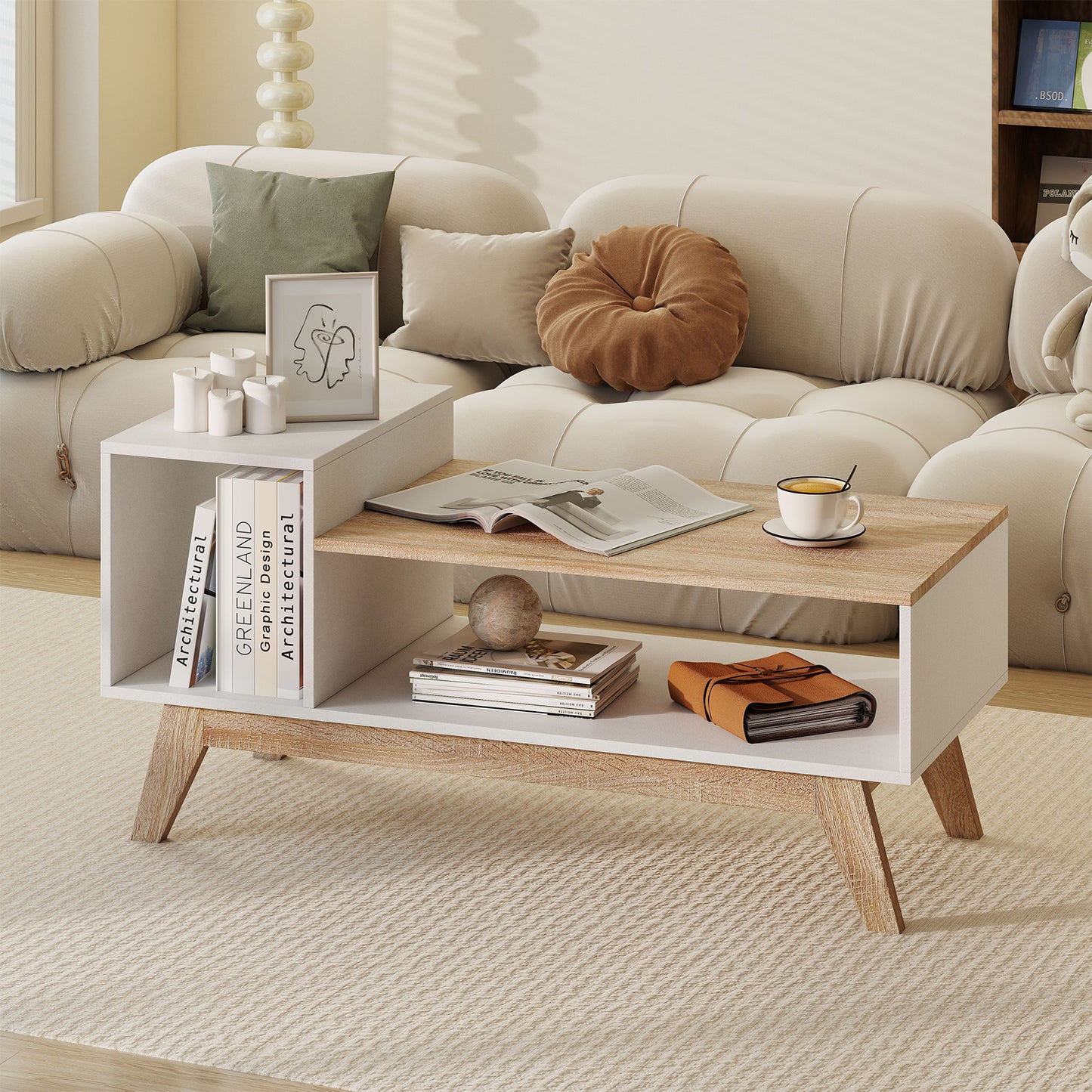 43 Inch Coffee Table, Stepped Tabletop, Storage Compartments, White Coffee Tables at Gallery Canada