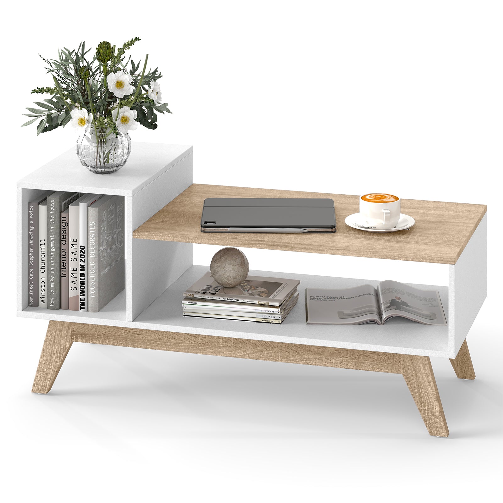 43 Inch Coffee Table, Stepped Tabletop, Storage Compartments, White Coffee Tables at Gallery Canada