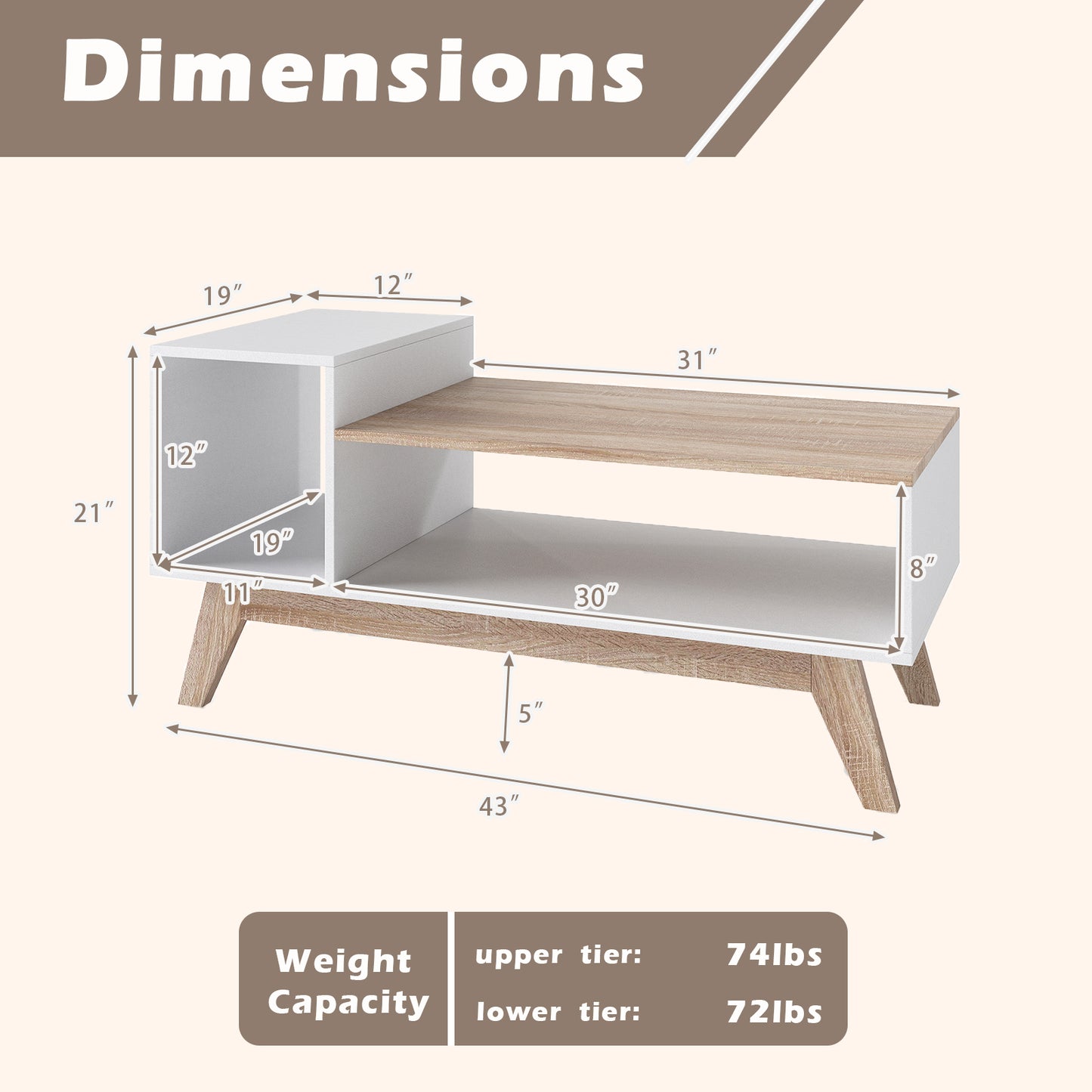 43 Inch Coffee Table, Stepped Tabletop, Storage Compartments, White Coffee Tables at Gallery Canada