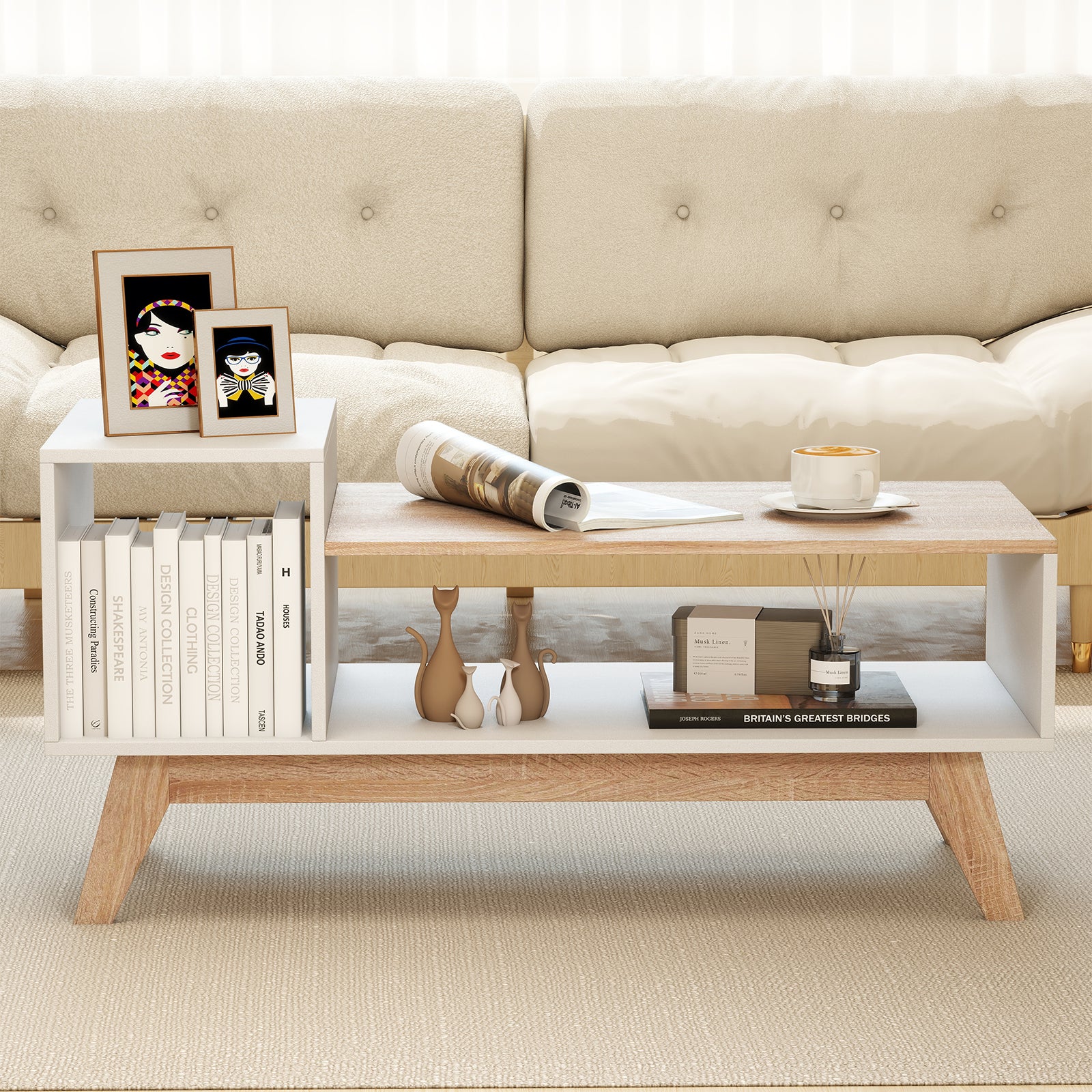 43 Inch Coffee Table, Stepped Tabletop, Storage Compartments, White Coffee Tables at Gallery Canada