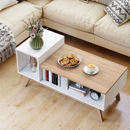 43 Inch Coffee Table, Stepped Tabletop, Storage Compartments, White Coffee Tables at Gallery Canada