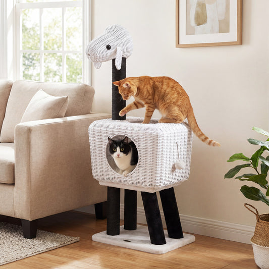 43-Inch Lamb-Shaped Cat Tower, 2-Door Rattan Condo, White Cat Trees Condos & Scratchers White at Gallery Canada