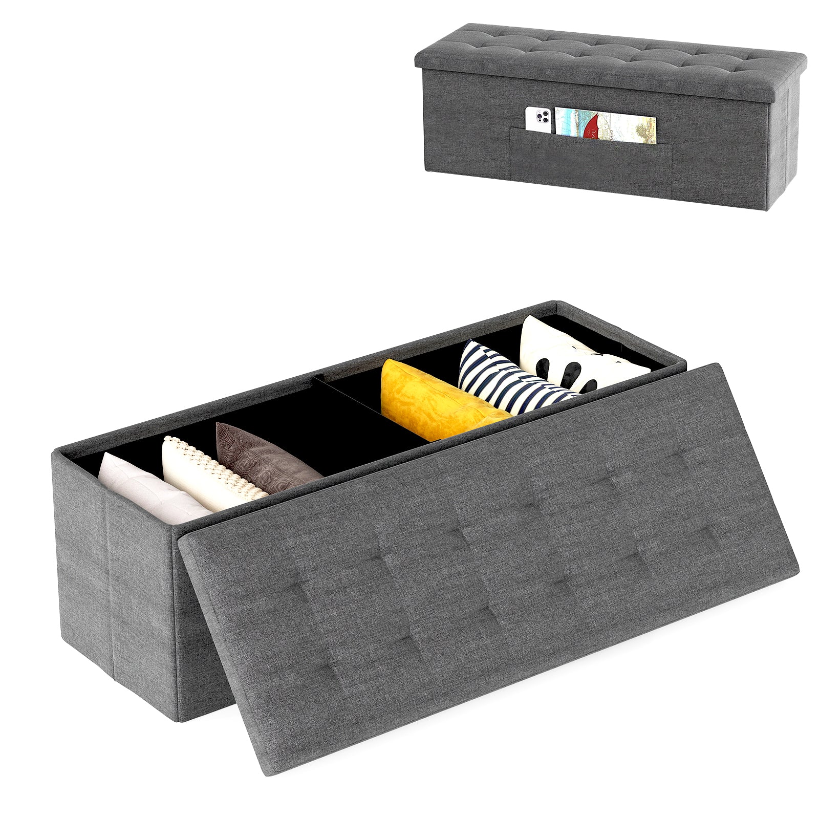 43 Inches Folding Ottoman Bench, Padded Seat Storage, Dark Gray Shoe Racks & Storage Benches Dark Gray at Gallery Canada