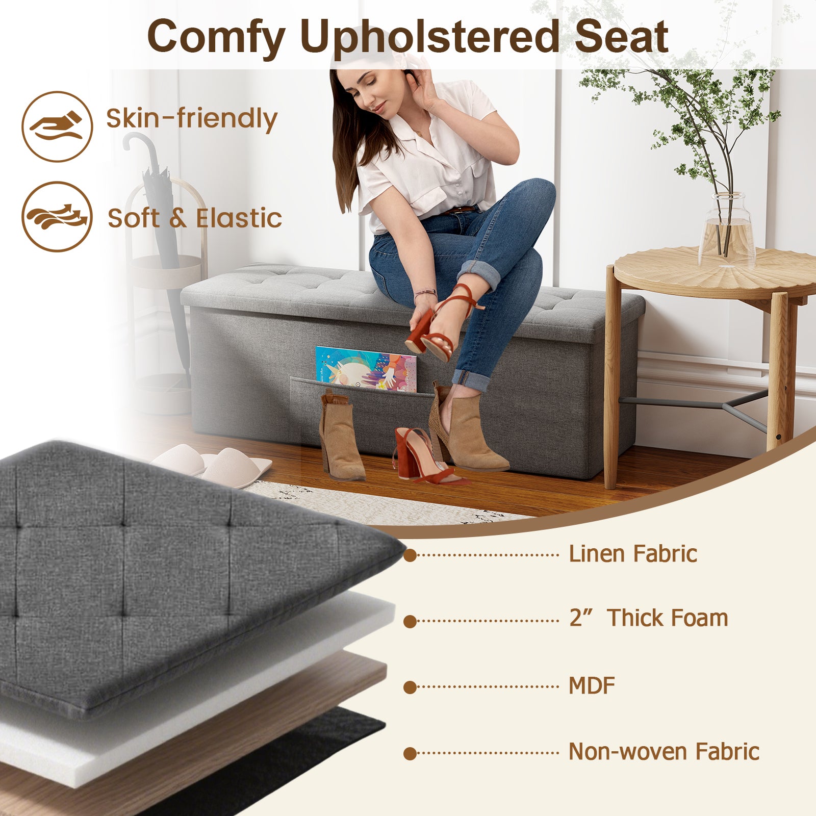 43 Inches Folding Ottoman Bench, Padded Seat Storage, Dark Gray Shoe Racks & Storage Benches at Gallery Canada