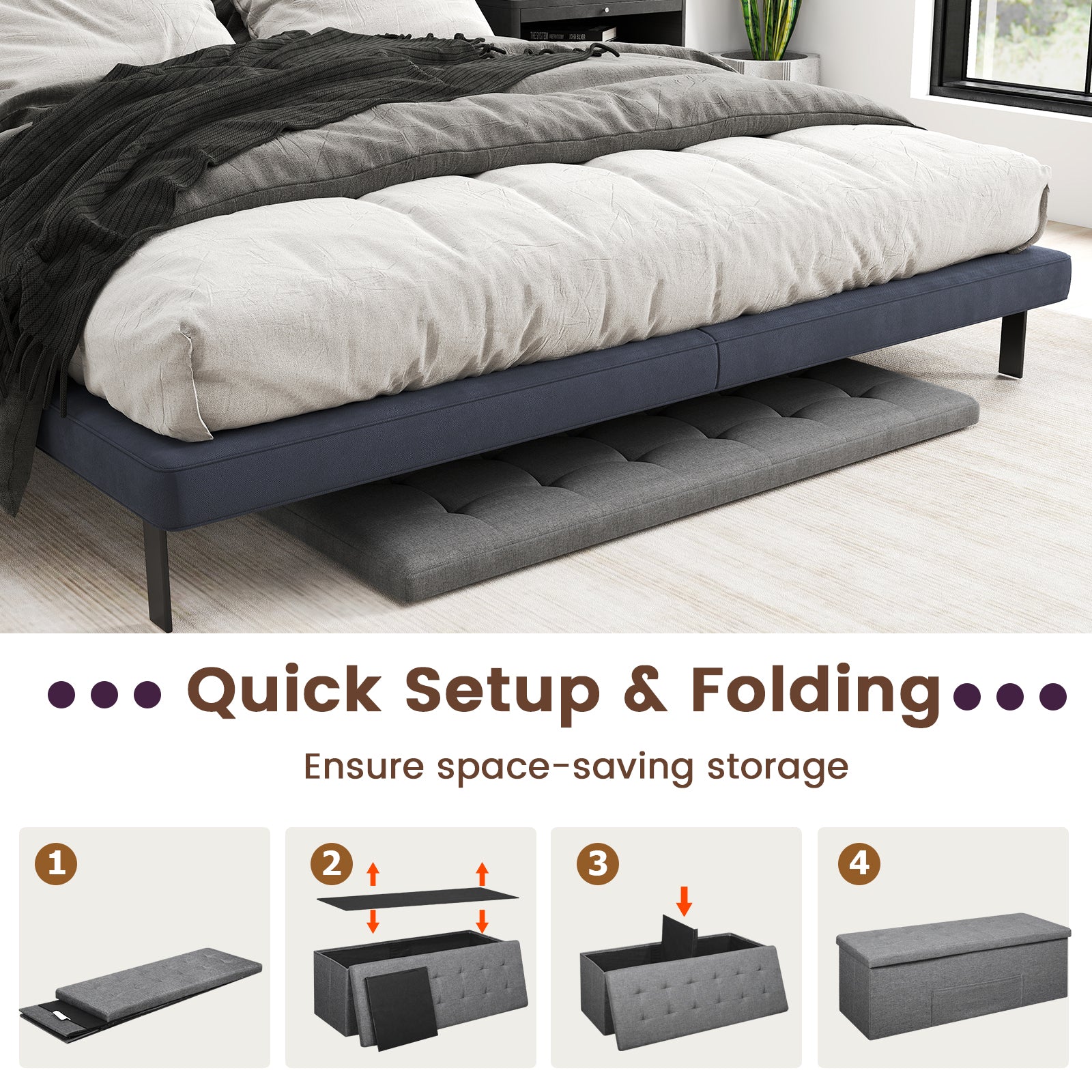 43 Inches Folding Ottoman Bench, Padded Seat Storage, Dark Gray Shoe Racks & Storage Benches at Gallery Canada