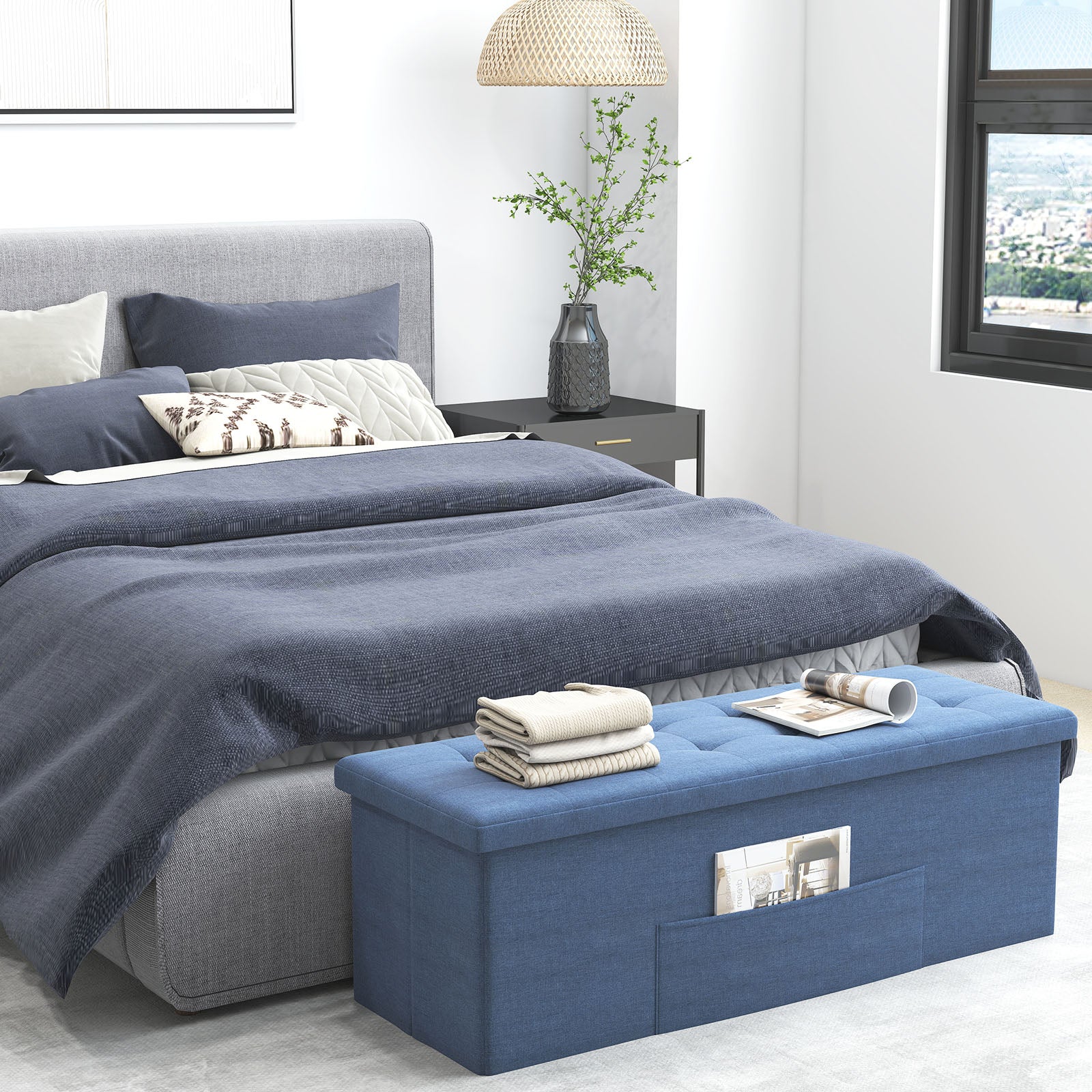 43 Inches Folding Storage Ottoman Bench, Linen Padded Seat, Navy Shoe Racks & Storage Benches at Gallery Canada