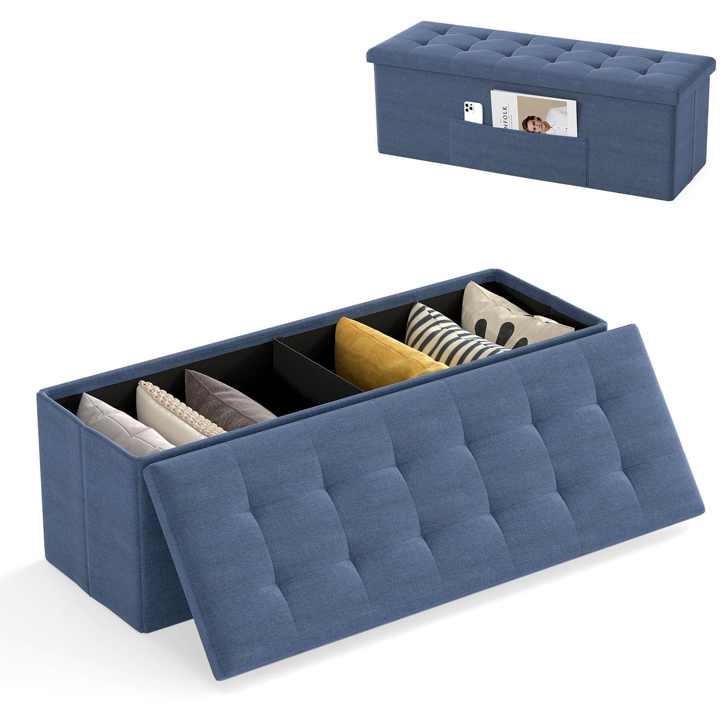43 Inches Folding Storage Ottoman Bench, Linen Padded Seat, Navy Shoe Racks & Storage Benches at Gallery Canada