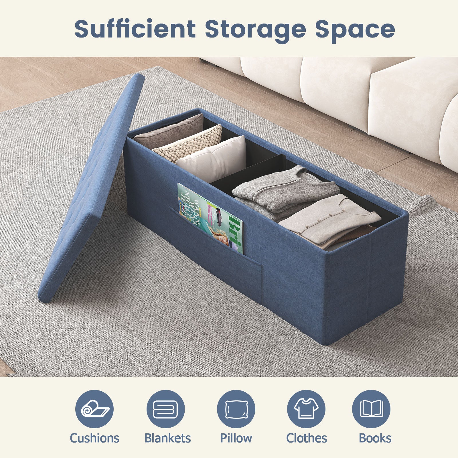 43 Inches Folding Storage Ottoman Bench, Linen Padded Seat, Navy Shoe Racks & Storage Benches at Gallery Canada