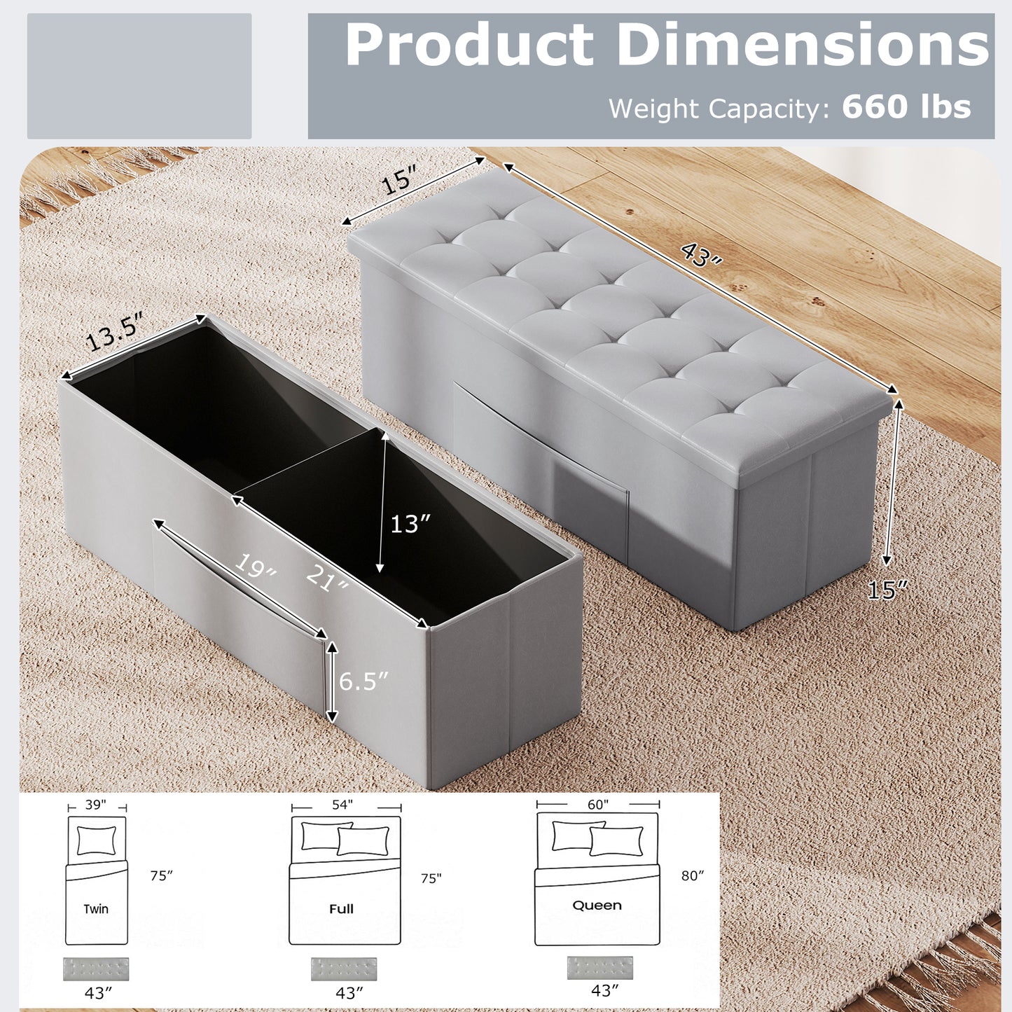 43 Inches Folding Storage Ottoman Bench, Gray Shoe Racks & Storage Benches at Gallery Canada