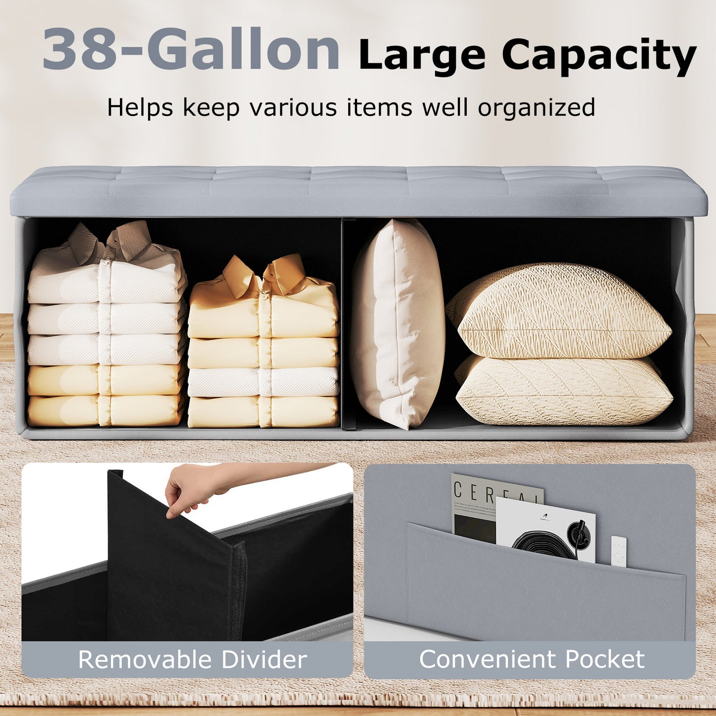 43 Inches Folding Storage Ottoman Bench, Gray Shoe Racks & Storage Benches at Gallery Canada