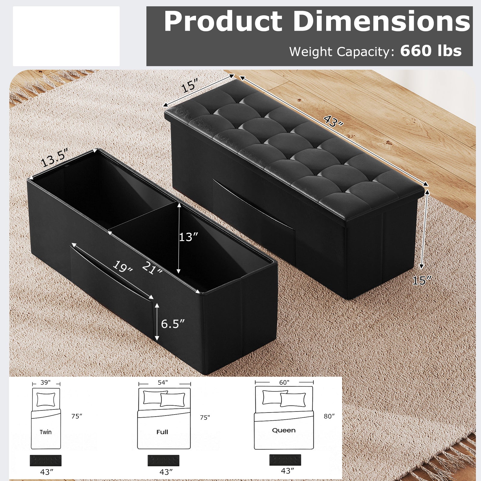 43 Inches Folding Storage Ottoman Bench, Black Shoe Racks & Storage Benches at Gallery Canada