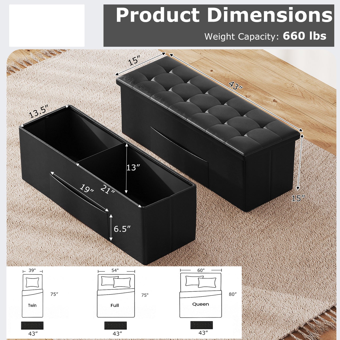 43 Inches Folding Storage Ottoman Bench, Black Shoe Racks & Storage Benches at Gallery Canada