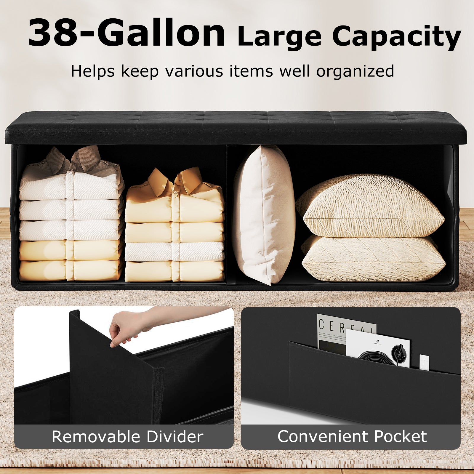 43 Inches Folding Storage Ottoman Bench, Black Shoe Racks & Storage Benches at Gallery Canada