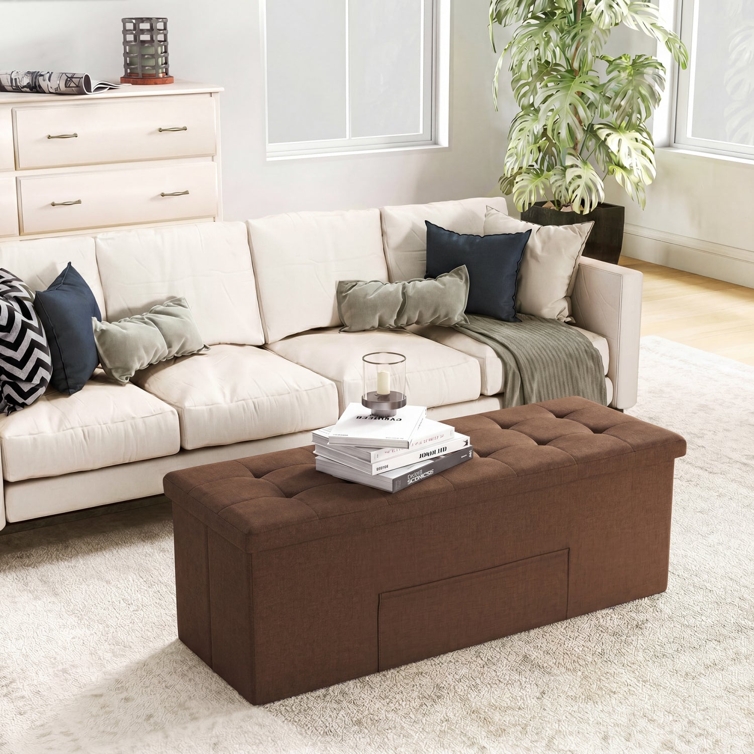 43 Inches Folding Storage Ottoman Bench, Linen, Padded Seat, Brown Shoe Racks & Storage Benches at Gallery Canada
