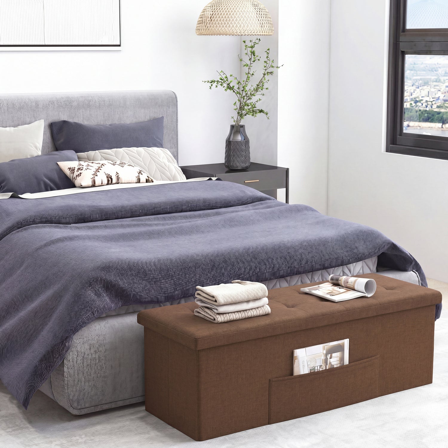 43 Inches Folding Storage Ottoman Bench, Linen, Padded Seat, Brown Shoe Racks & Storage Benches at Gallery Canada