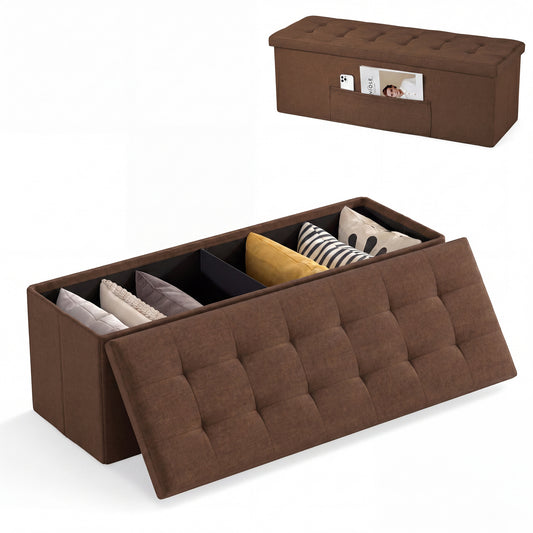 43 Inches Folding Storage Ottoman Bench, Linen, Padded Seat, Brown Shoe Racks & Storage Benches Brown at Gallery Canada