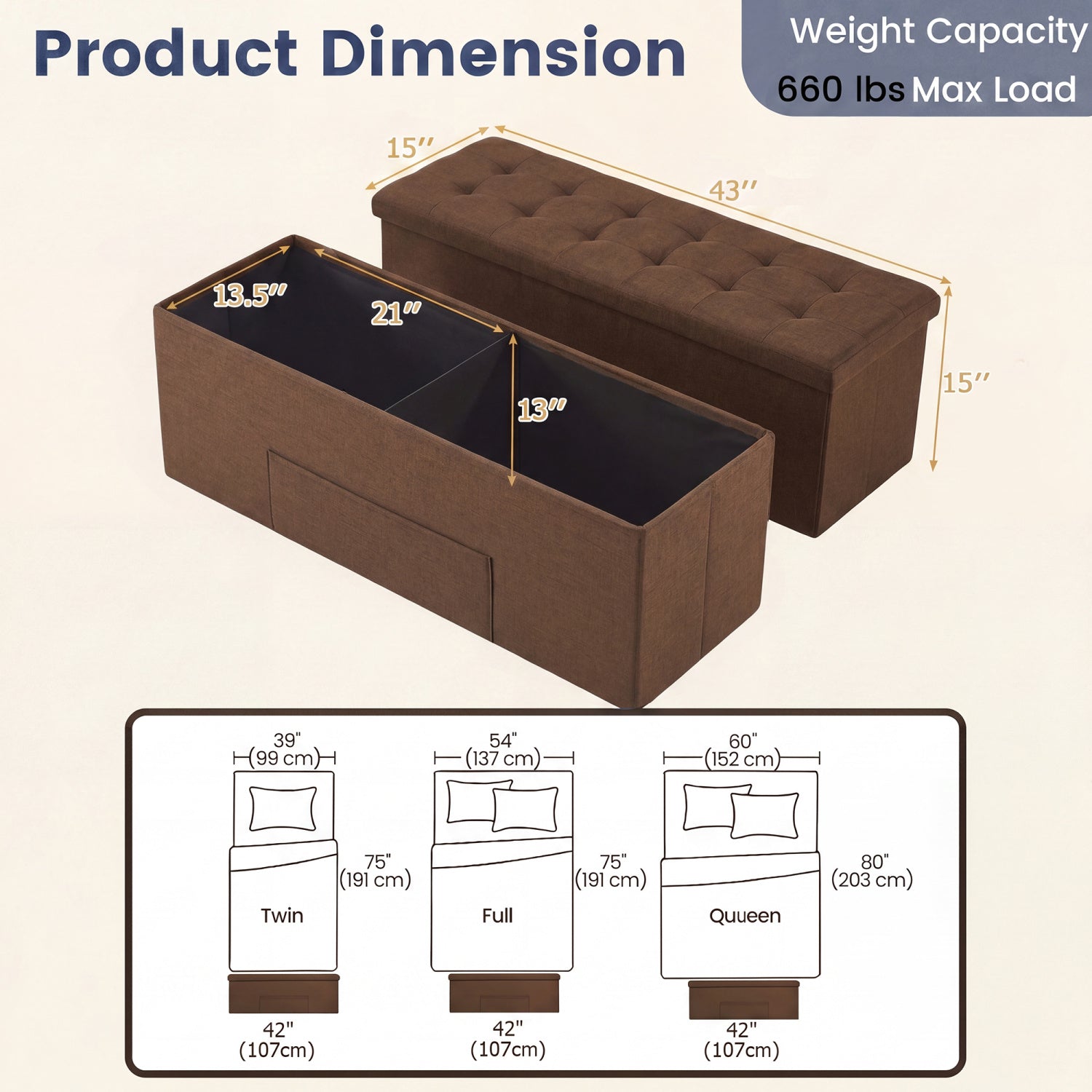 43 Inches Folding Storage Ottoman Bench, Linen, Padded Seat, Brown Shoe Racks & Storage Benches at Gallery Canada