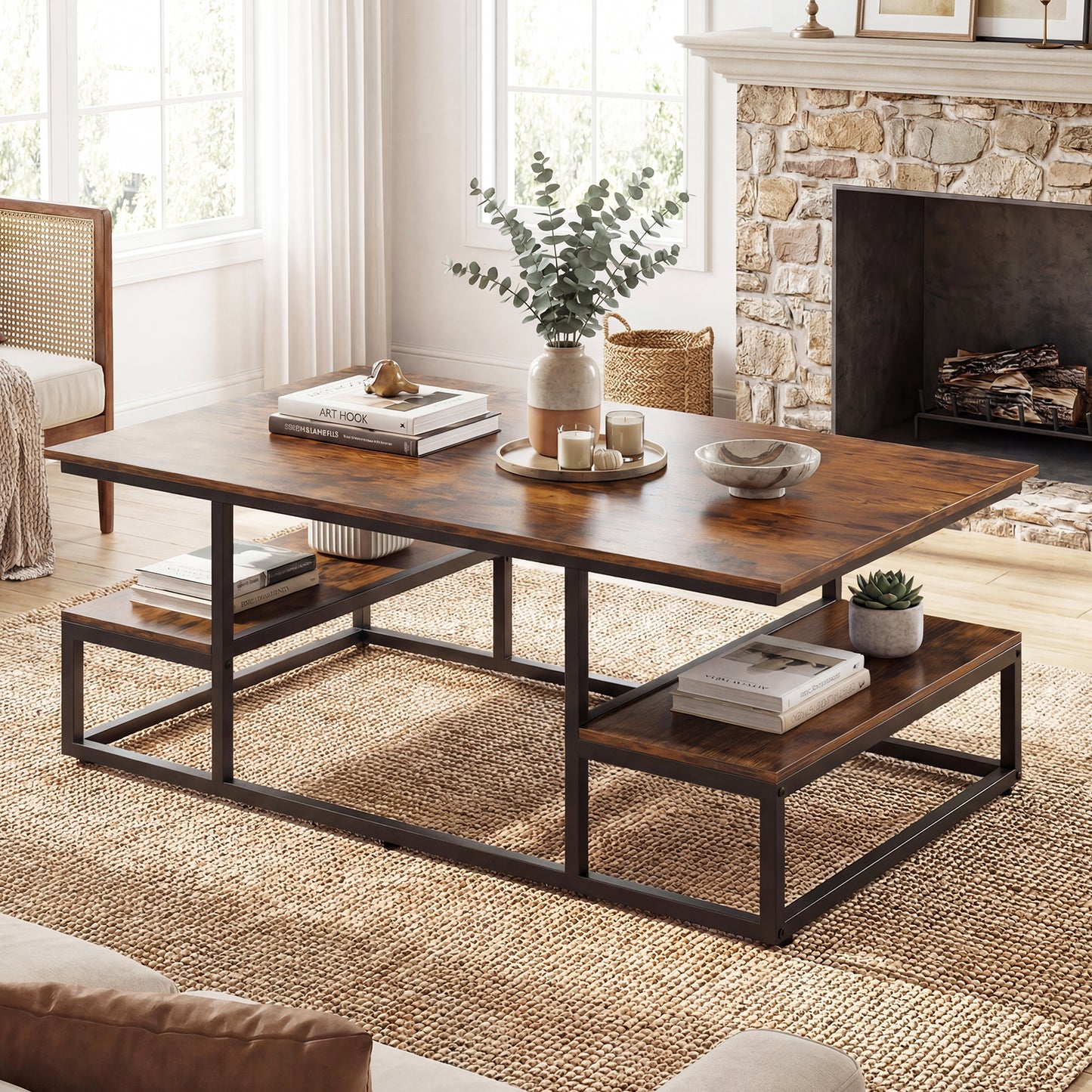 43" Rectangle Coffee Table With Storage, Open Shelves, Brown Coffee Tables at Gallery Canada