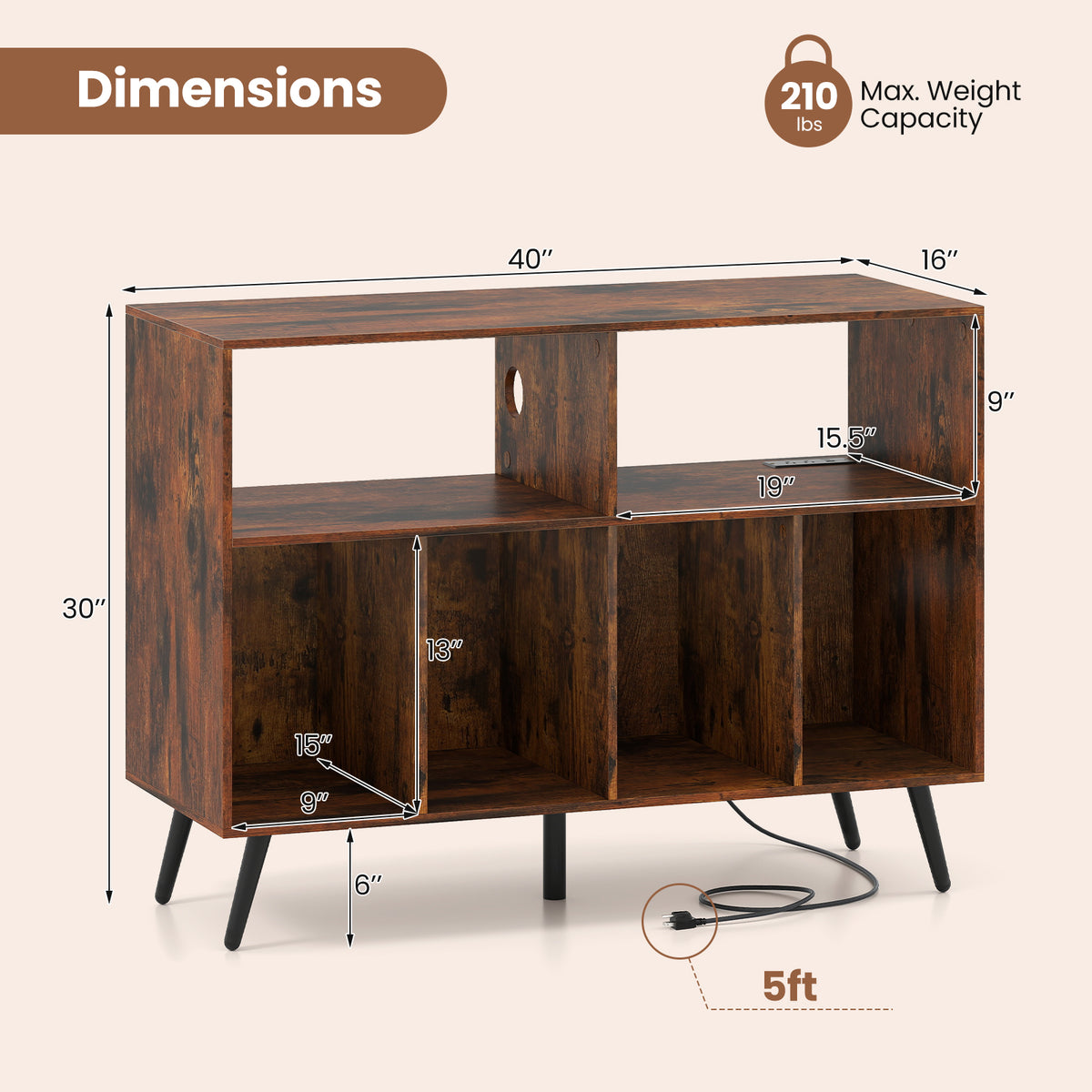 Record Player Stand With Charging Station, Open Shelves, Rustic Brown End & Side Tables at Gallery Canada
