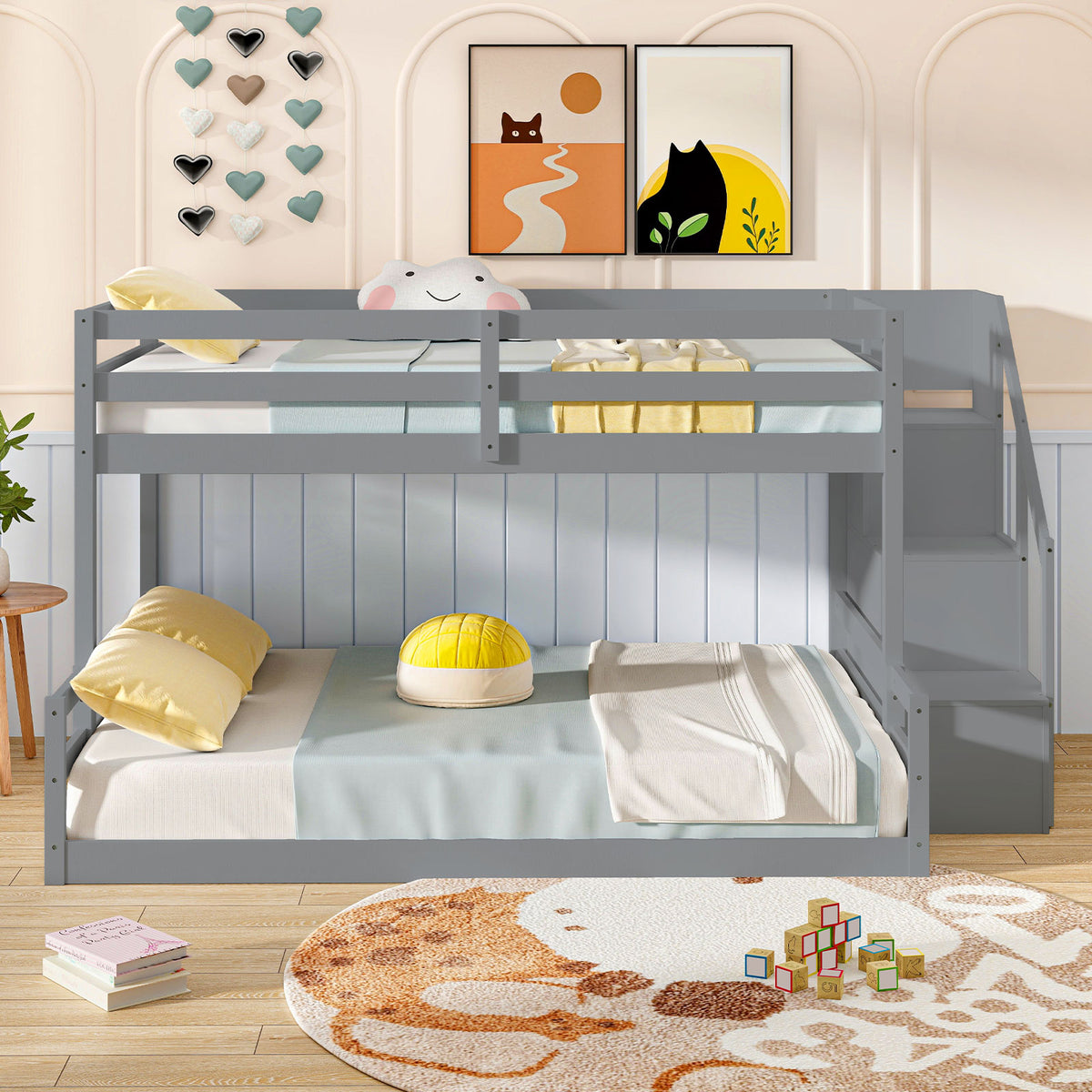Solid Wood Twin Over Full Low Bunk Bed With Storage Stairs, Gray Bunk Bed Frame at Gallery Canada