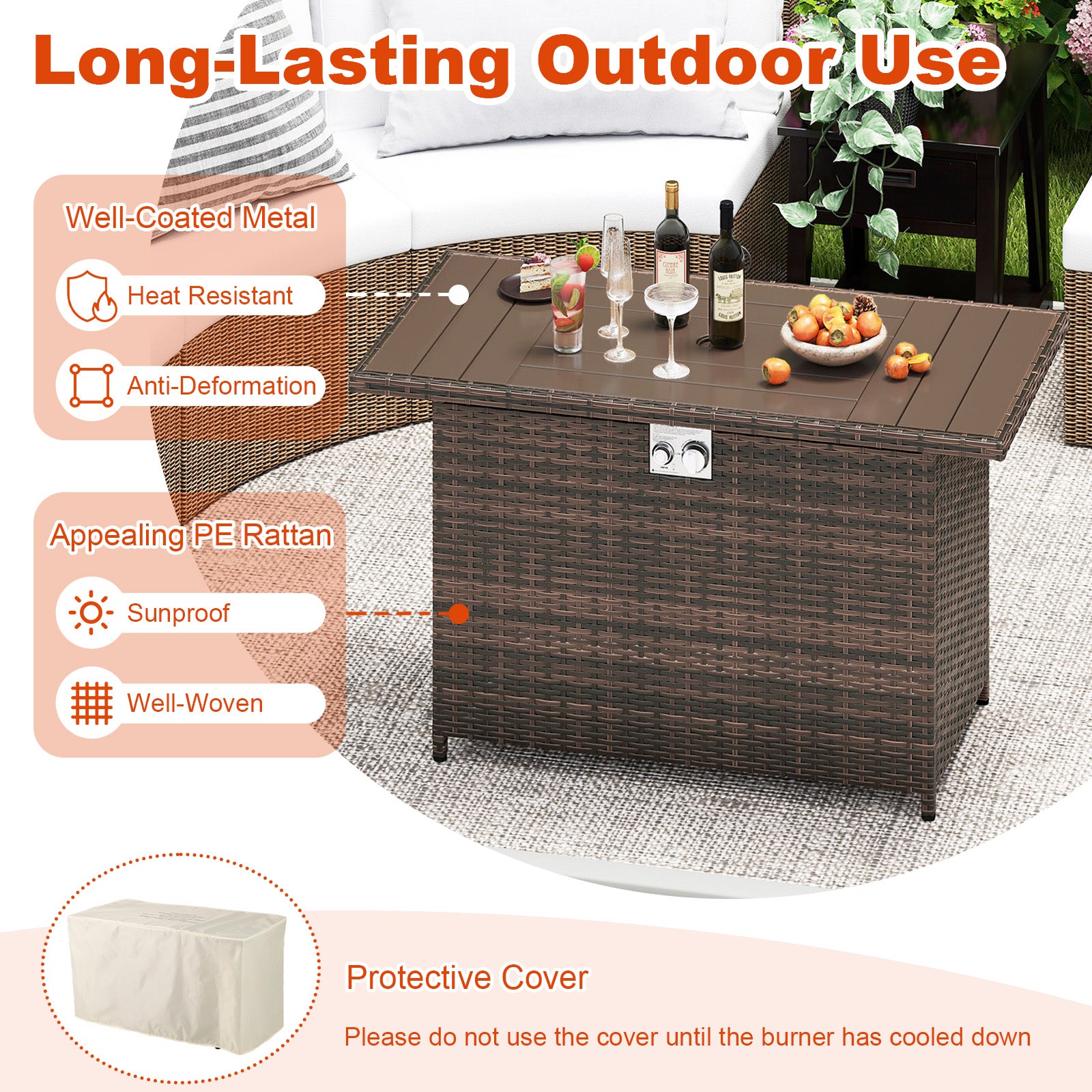 44.5 Inch Propane Fire Pit Table, Rattan Gas, Stainless Steel Burner, Brown Fire Pits at Gallery Canada