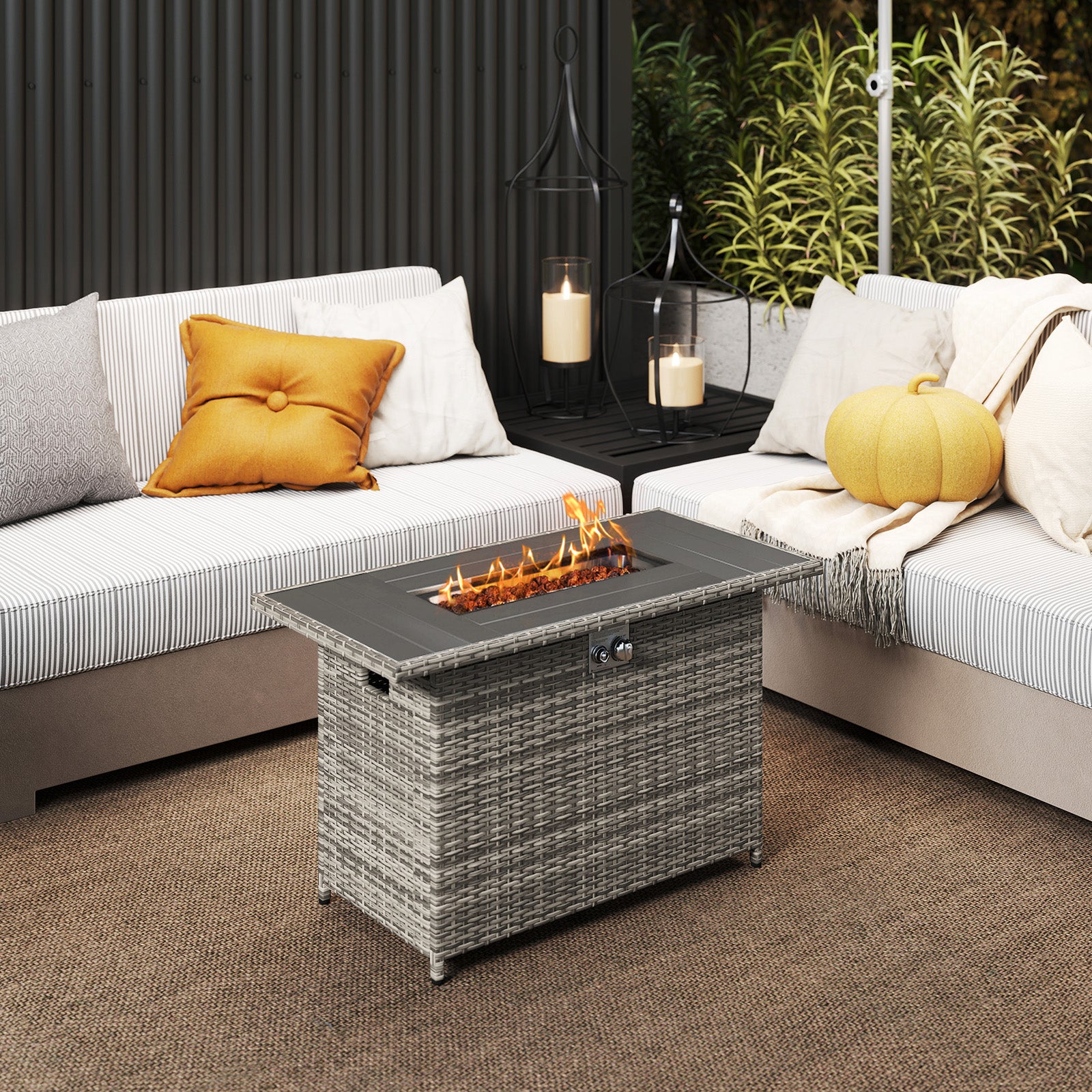 44.5 Inch Propane Fire Pit Table, Rattan Gas 2-in-1 Stainless Steel Burner, Gray Fire Pits at Gallery Canada