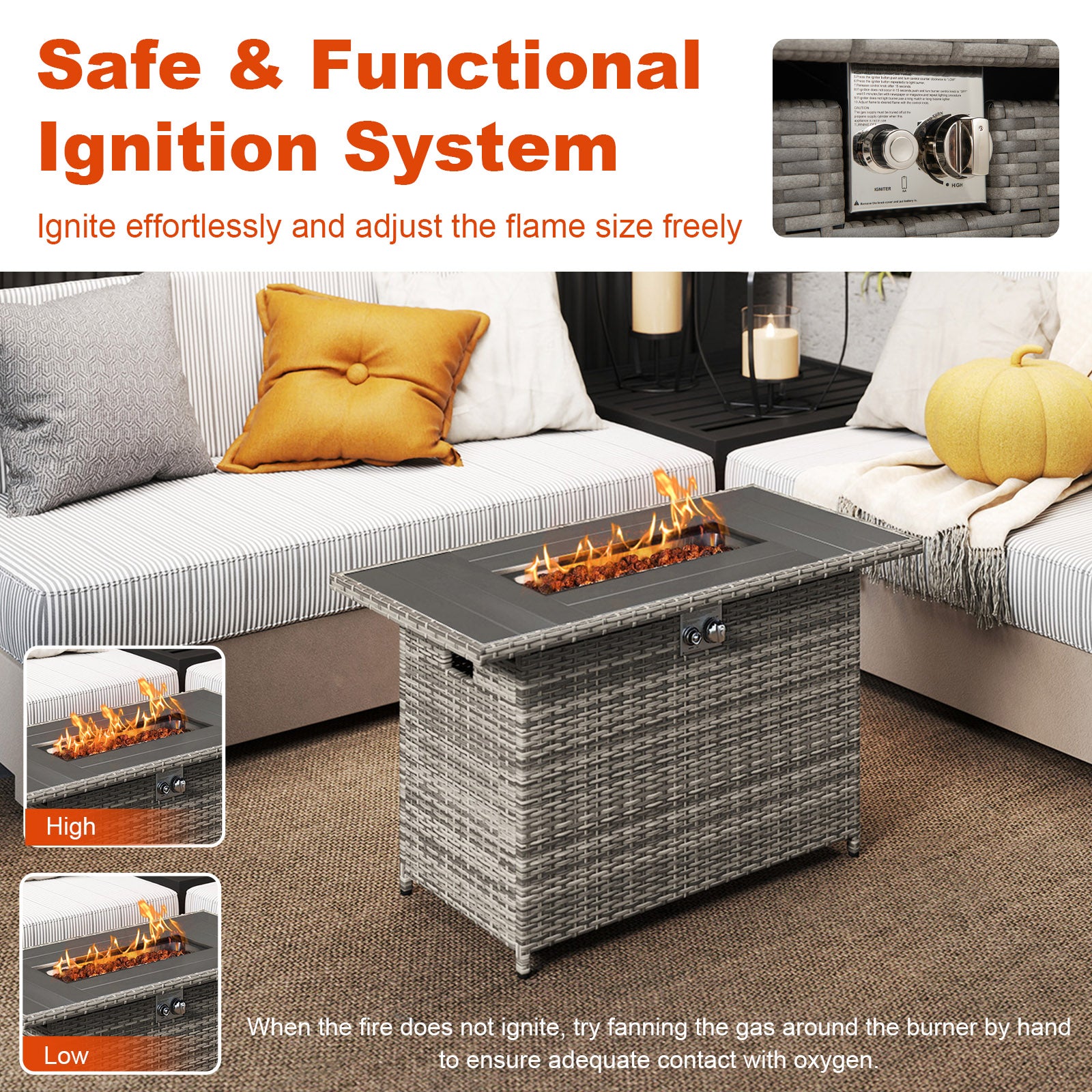 44.5 Inch Propane Fire Pit Table, Rattan Gas 2-in-1 Stainless Steel Burner, Gray Fire Pits at Gallery Canada