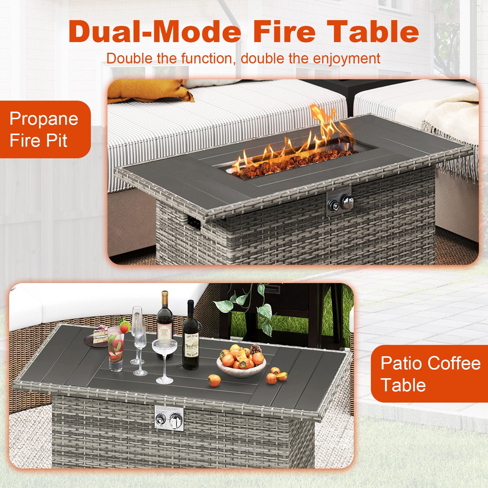 44.5 Inch Propane Fire Pit Table, Rattan Gas 2-in-1 Stainless Steel Burner, Gray Fire Pits at Gallery Canada