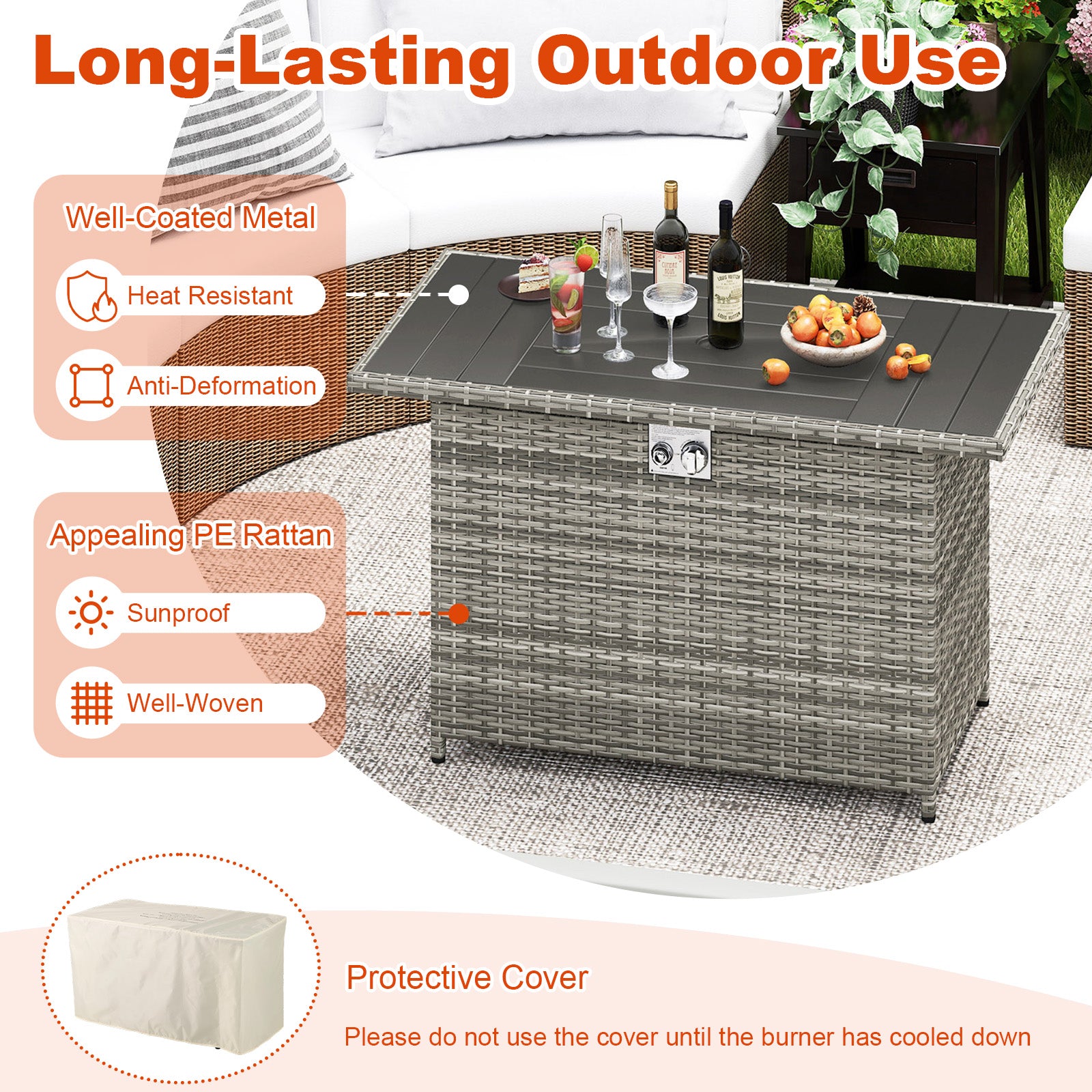 44.5 Inch Propane Fire Pit Table, Rattan Gas 2-in-1 Stainless Steel Burner, Gray Fire Pits at Gallery Canada