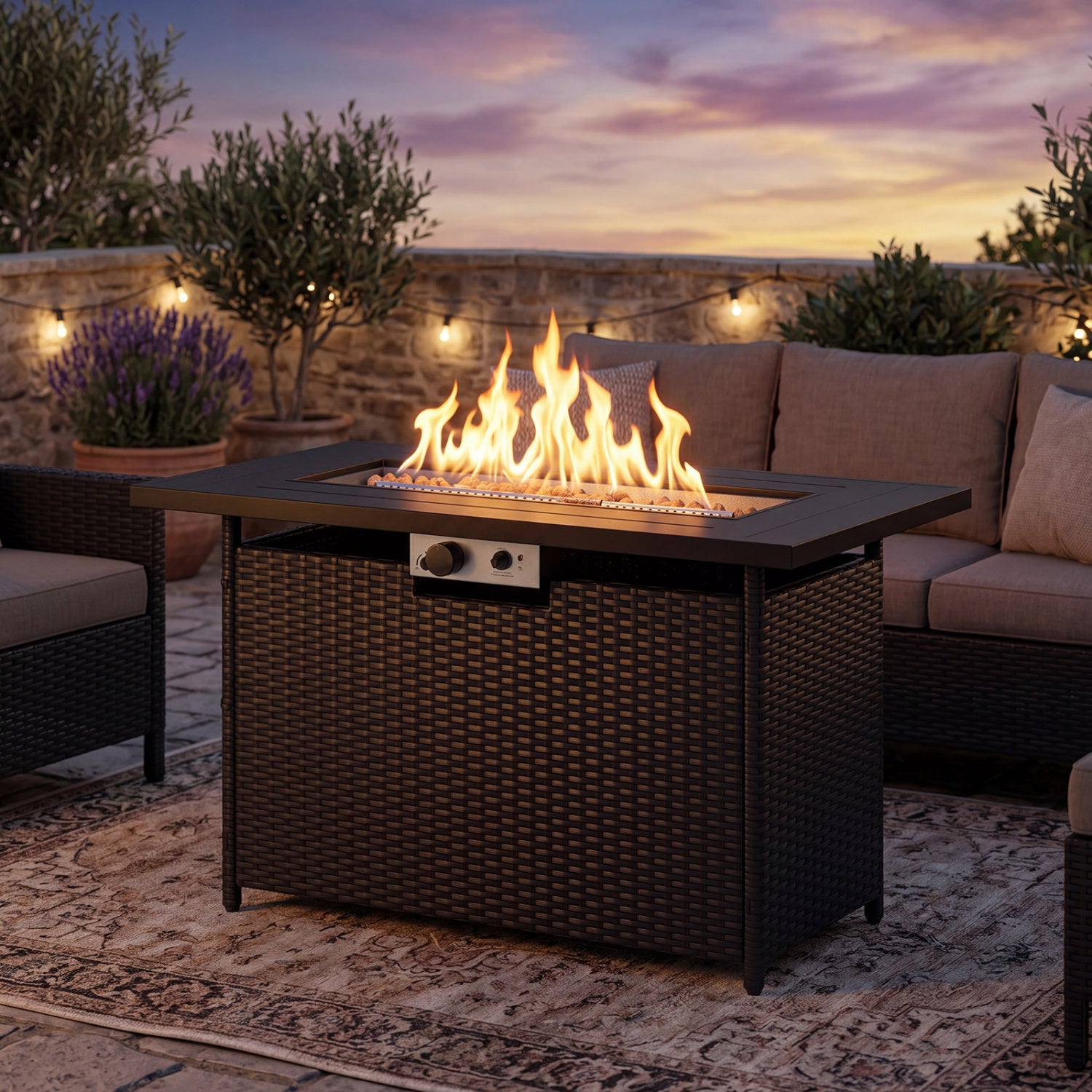 44.5 Inch Propane Fire Pit Table Rattan Gas 2-in-1 with Stainless Steel Burner, Black & Gray Fire Pits at Gallery Canada