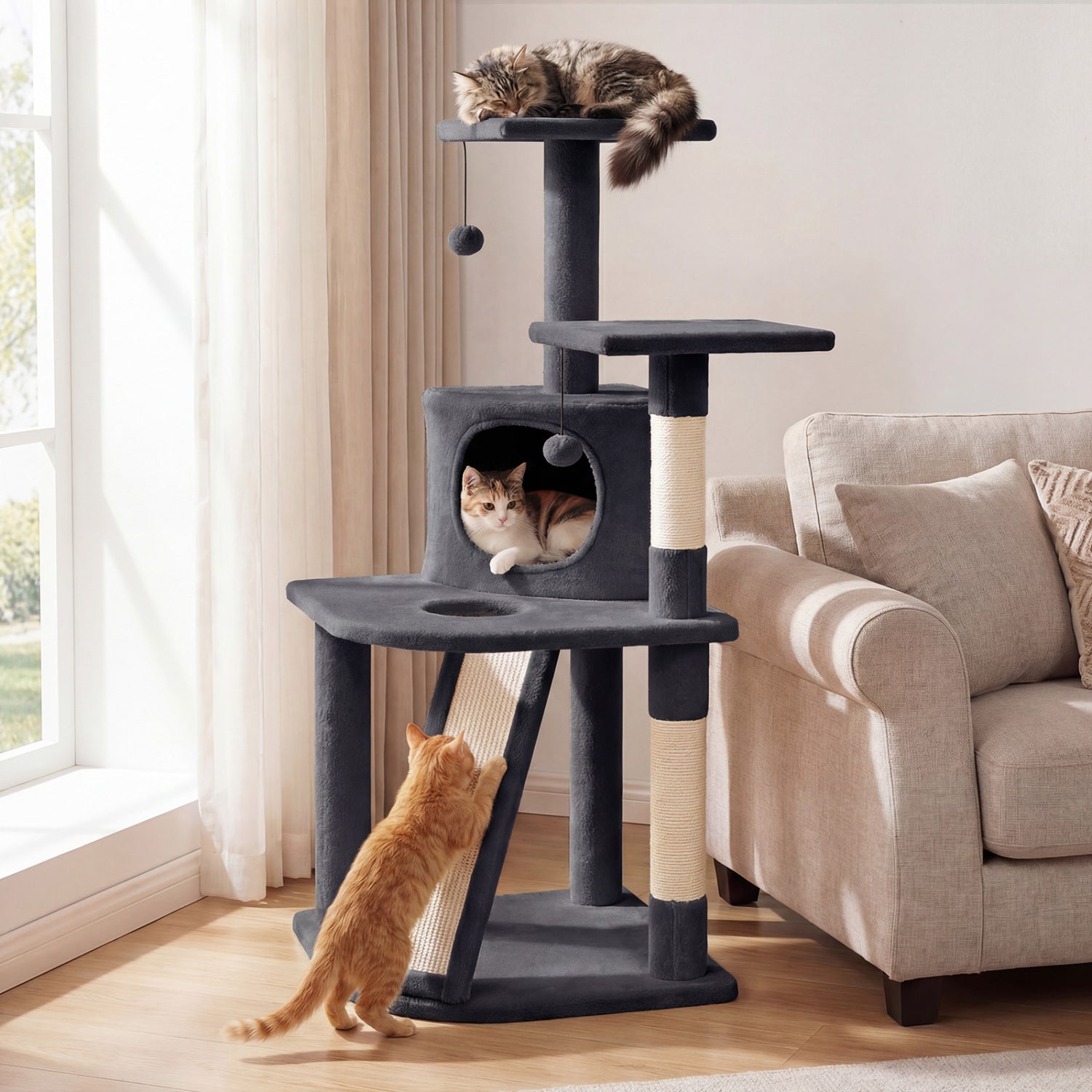44 Inch Tall Kitten Tower With Condo, 2 Plush Perches, Dark Gray Cat Trees Condos & Scratchers at Gallery Canada