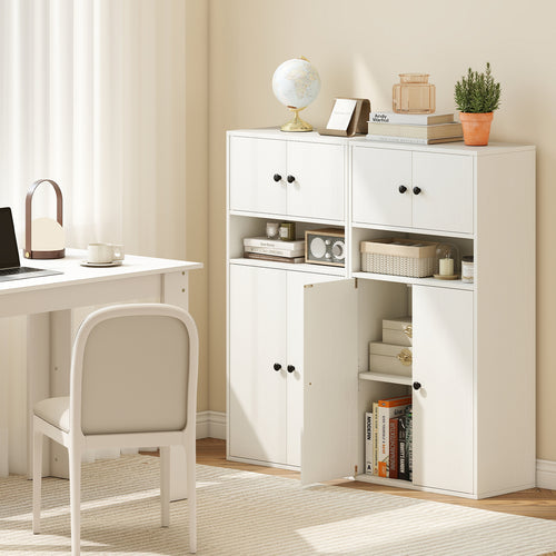 44 Inch Tall Bookshelf With Doors, Adjustable Shelf, 2 Pieces, White