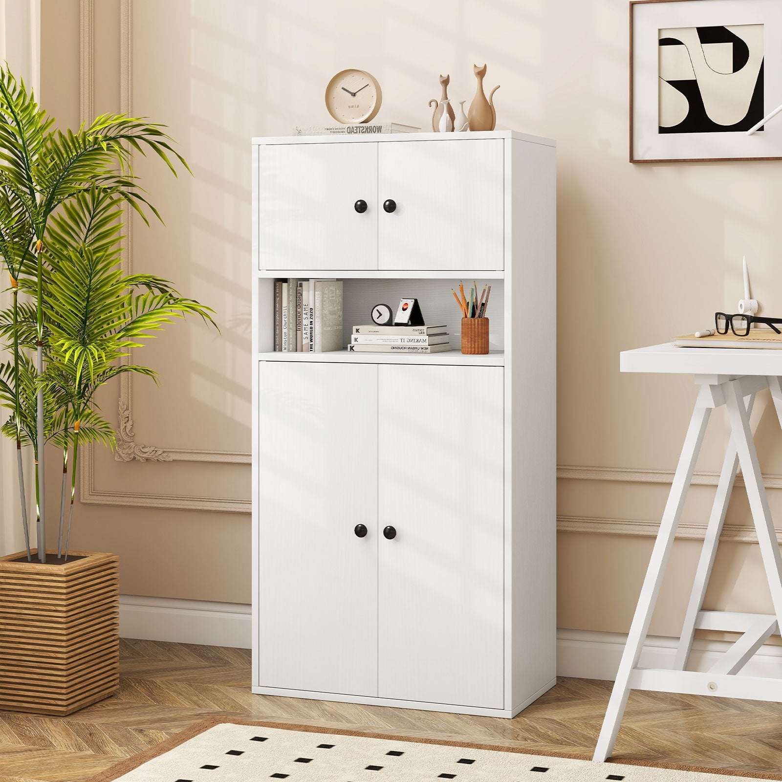 44 Inches Tall Bookshelf With Doors, Adjustable Shelf, White Bookcases at Gallery Canada