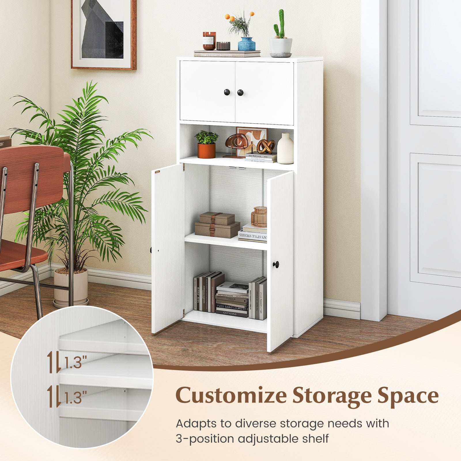 44 Inches Tall Bookshelf With Doors, Adjustable Shelf, White Bookcases at Gallery Canada