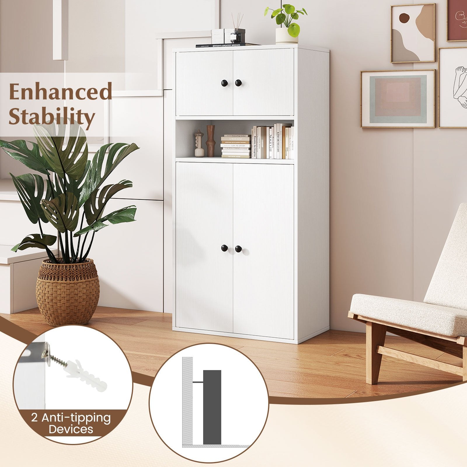 44 Inches Tall Bookshelf With Doors, Adjustable Shelf, White Bookcases at Gallery Canada