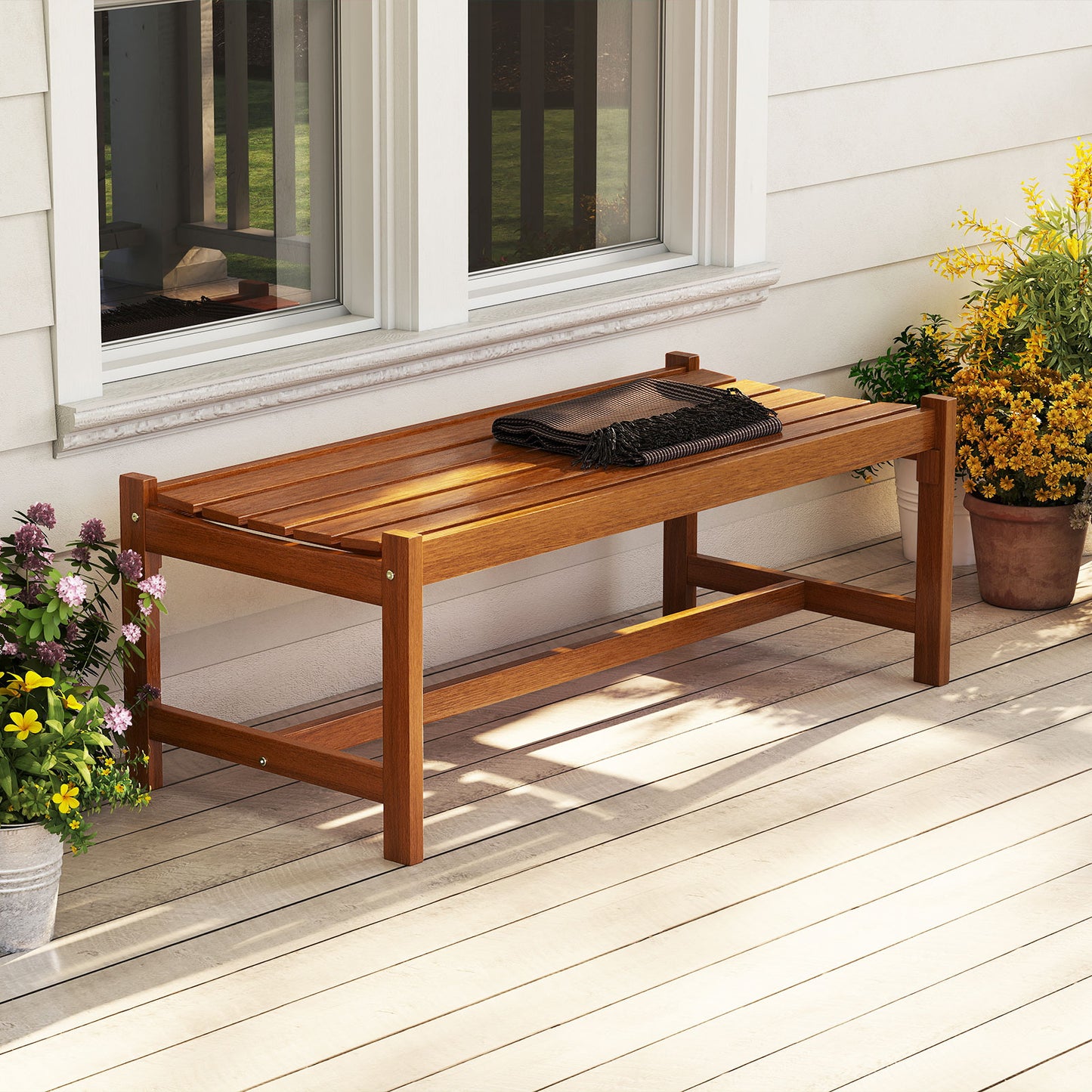 44" Patio Wood Bench, Outdoor Solid Hardwood, Teak Oil Finish Outdoor Benches at Gallery Canada