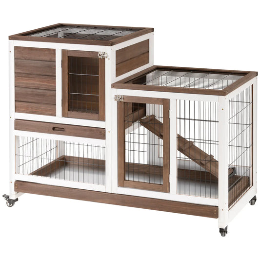 Wooden Rabbit Hutch, Indoor Bunny Cage with Wheels, Pull Out Trays, Brown Rabbit Hutch Brown and White at Gallery Canada