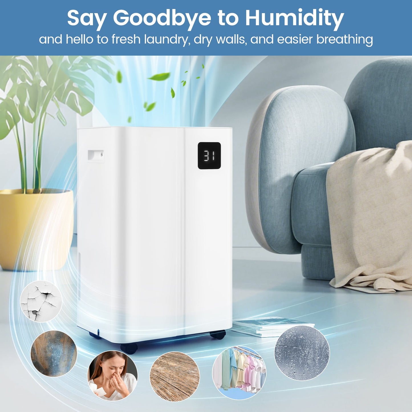 54 Pints Dehumidifier, 4500 Sq.Ft, 3 Modes, White Dehumidifiers at Gallery Canada