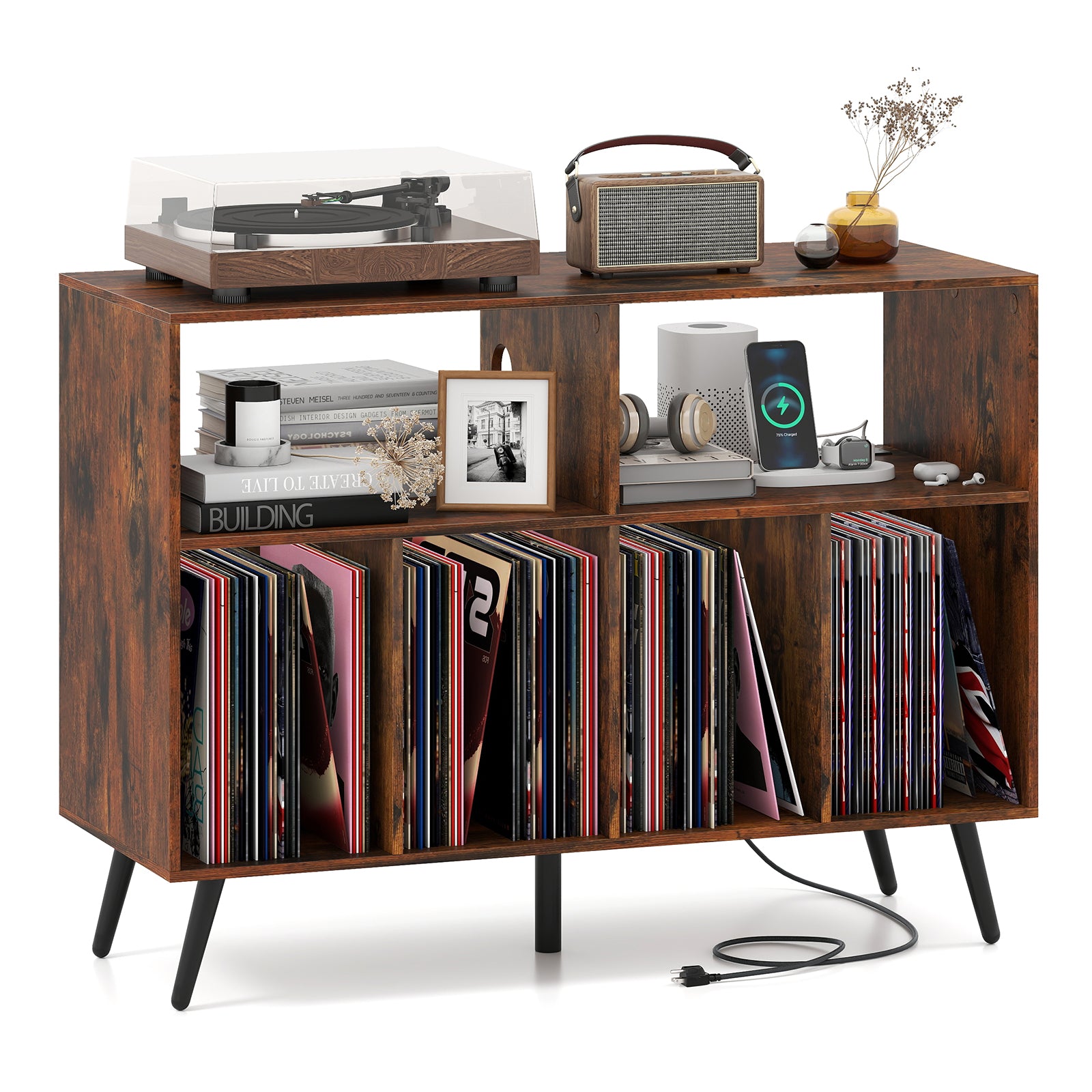Record Player Stand With Charging Station, Open Shelves, Rustic Brown End & Side Tables at Gallery Canada
