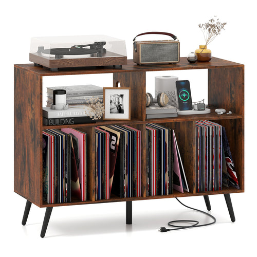Record Player Stand With Charging Station, Open Shelves, Rustic Brown
