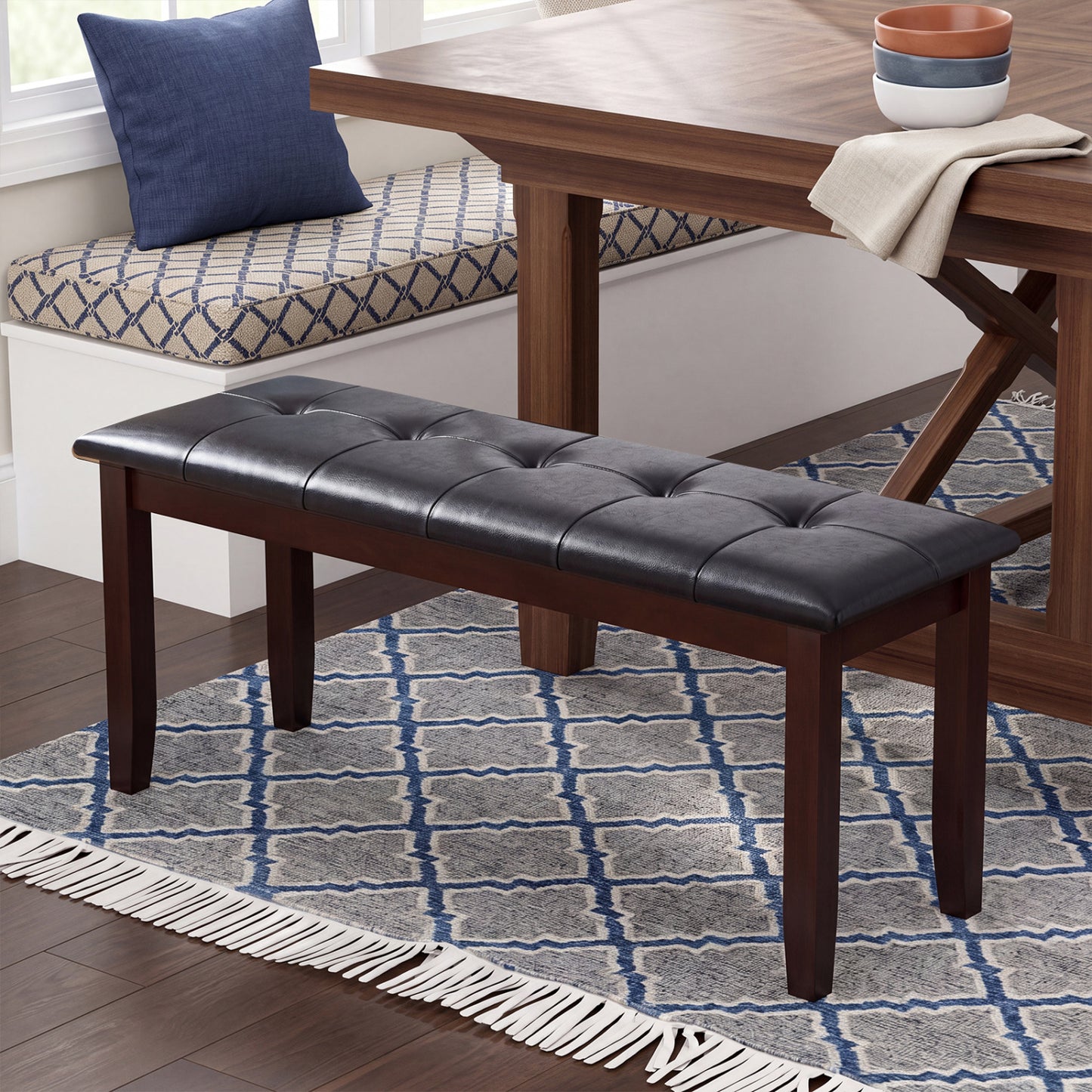 Banc en cuir PU 45,5", siège rembourré, pieds en bois d'hévéa, marron