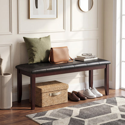 Banc en cuir PU 45,5", siège rembourré, pieds en bois d'hévéa, marron