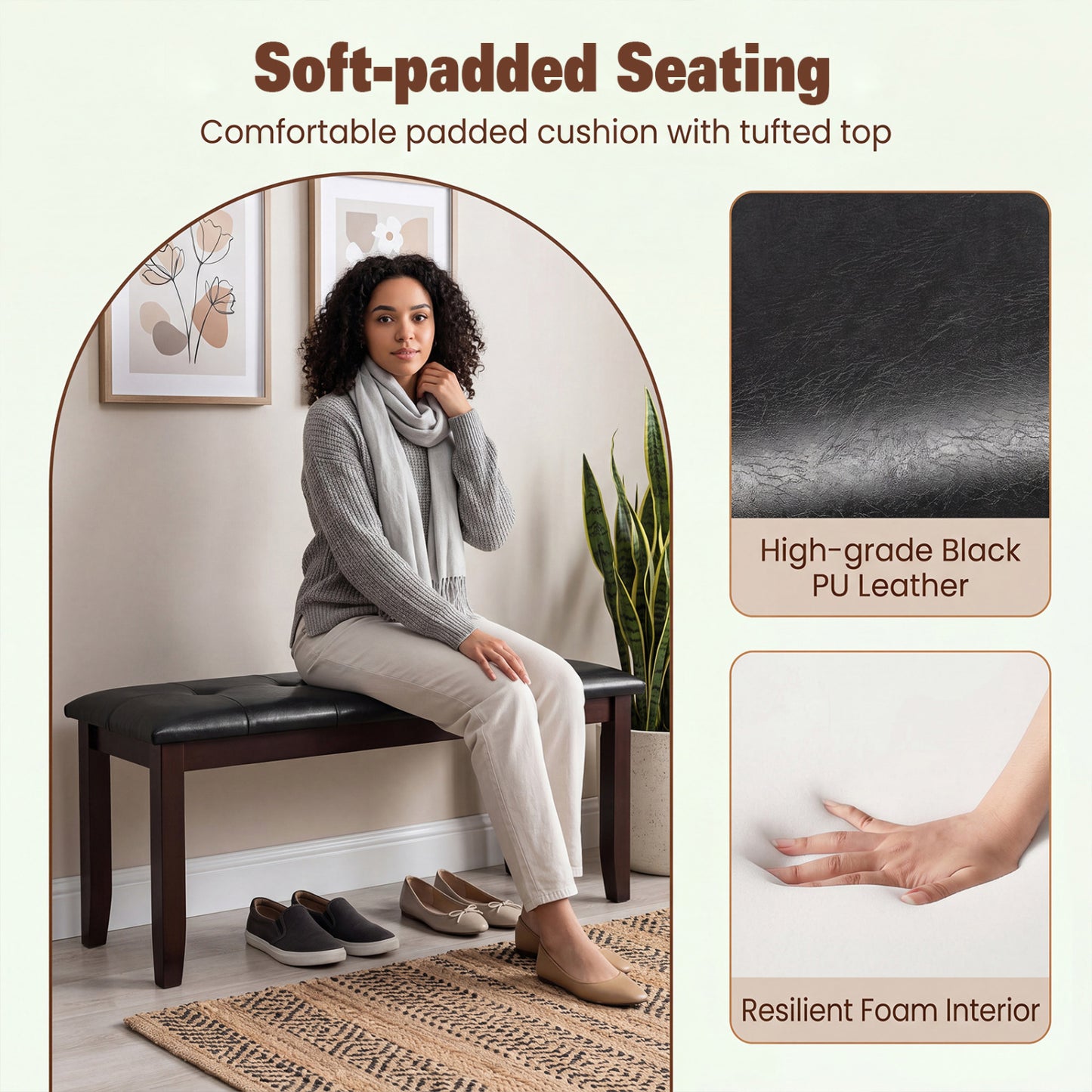 Banc en cuir PU 45,5", siège rembourré, pieds en bois d'hévéa, marron